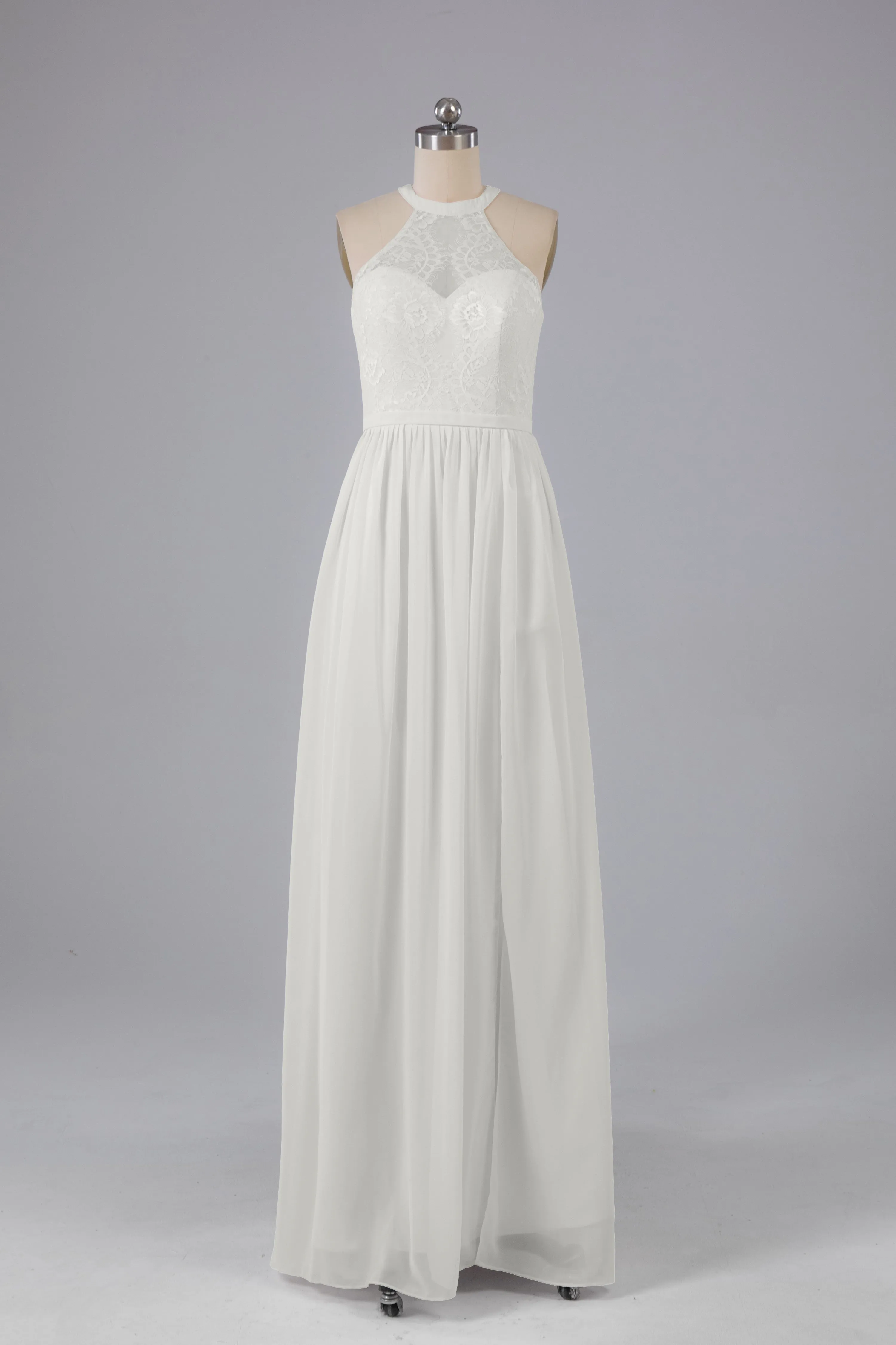 Simple Halter Lace Long Bridesmaid Dresses with Split