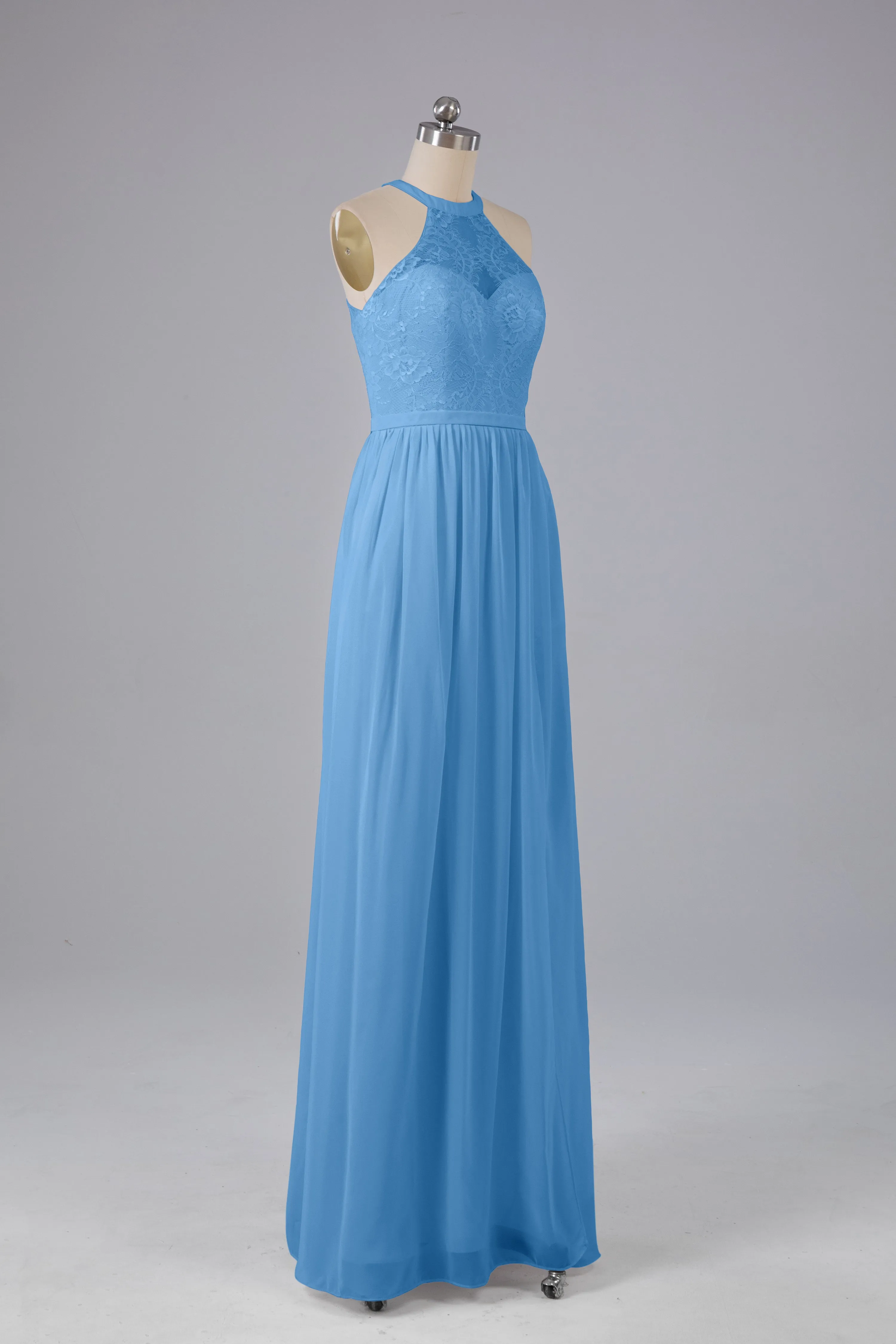 Simple Halter Lace Long Bridesmaid Dresses with Split