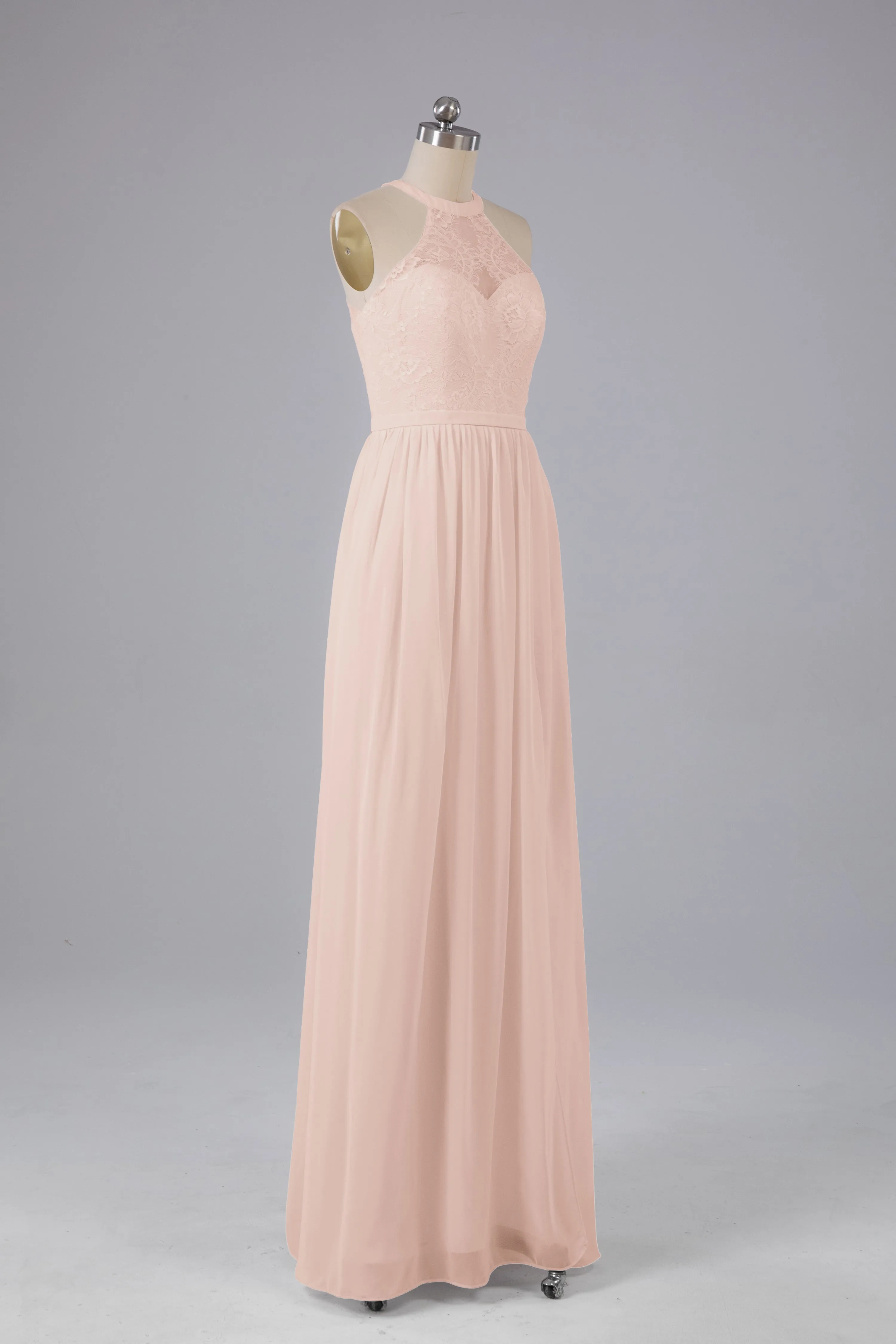 Simple Halter Lace Long Bridesmaid Dresses with Split