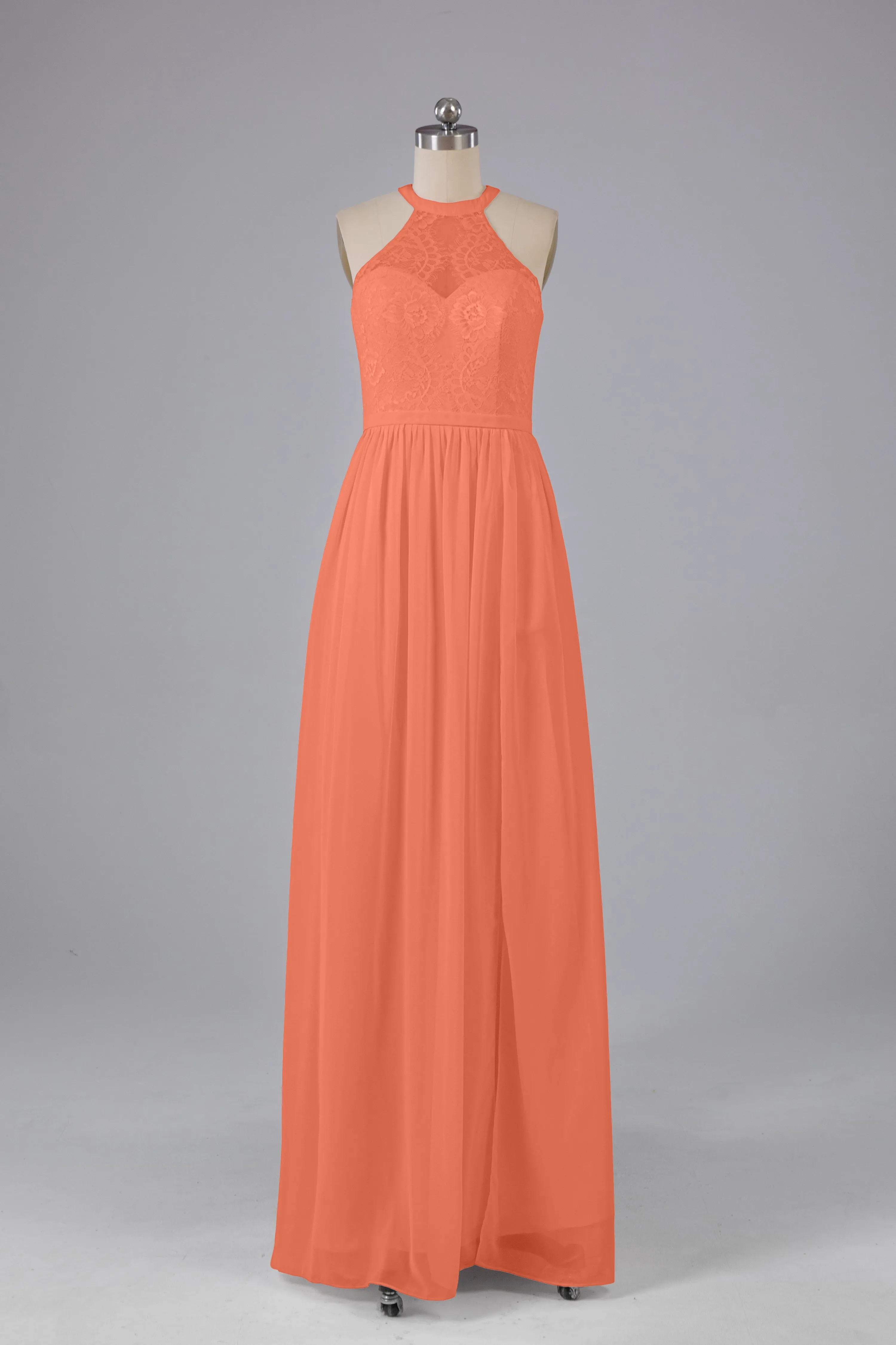 Simple Halter Lace Long Bridesmaid Dresses with Split