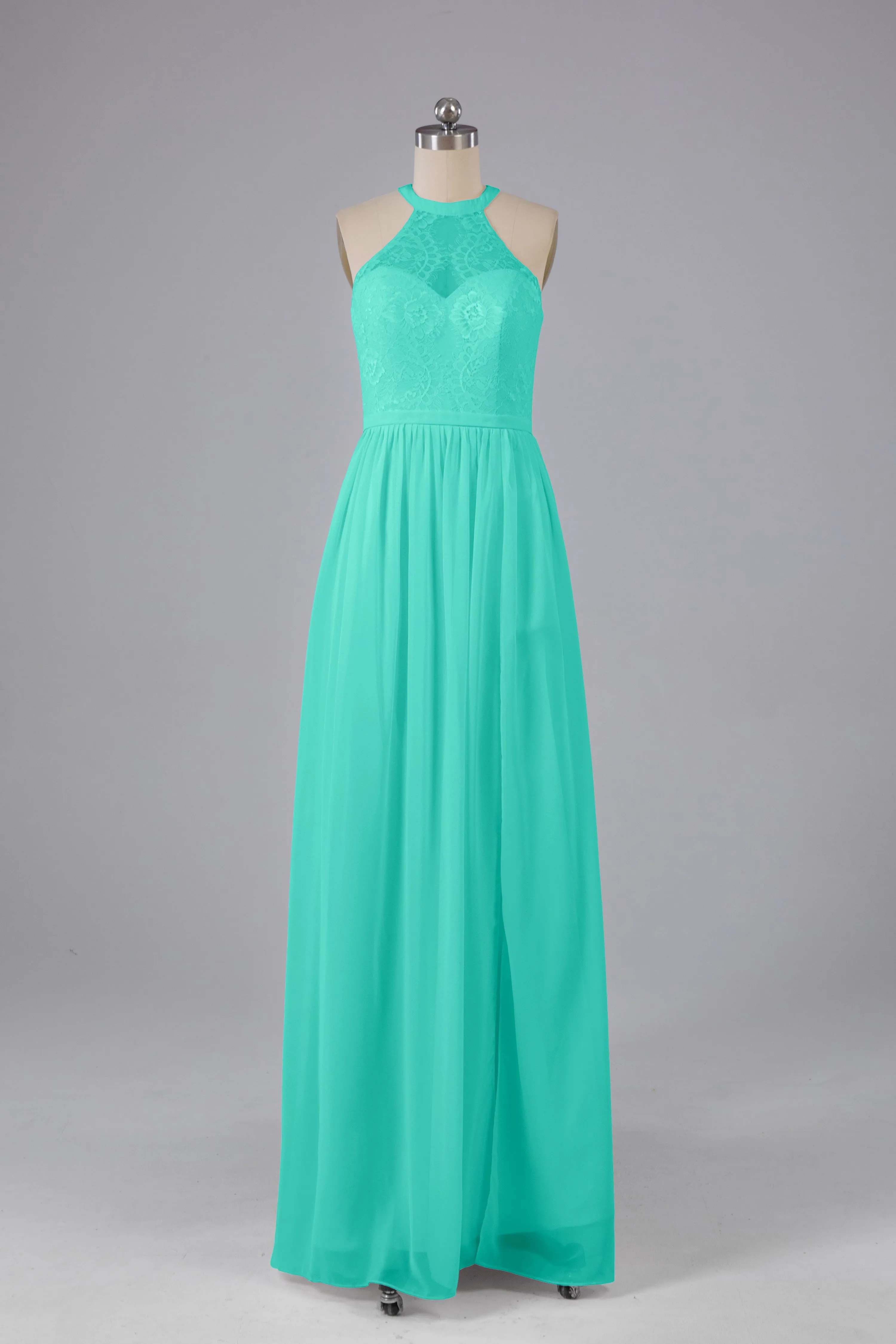 Simple Halter Lace Long Bridesmaid Dresses with Split