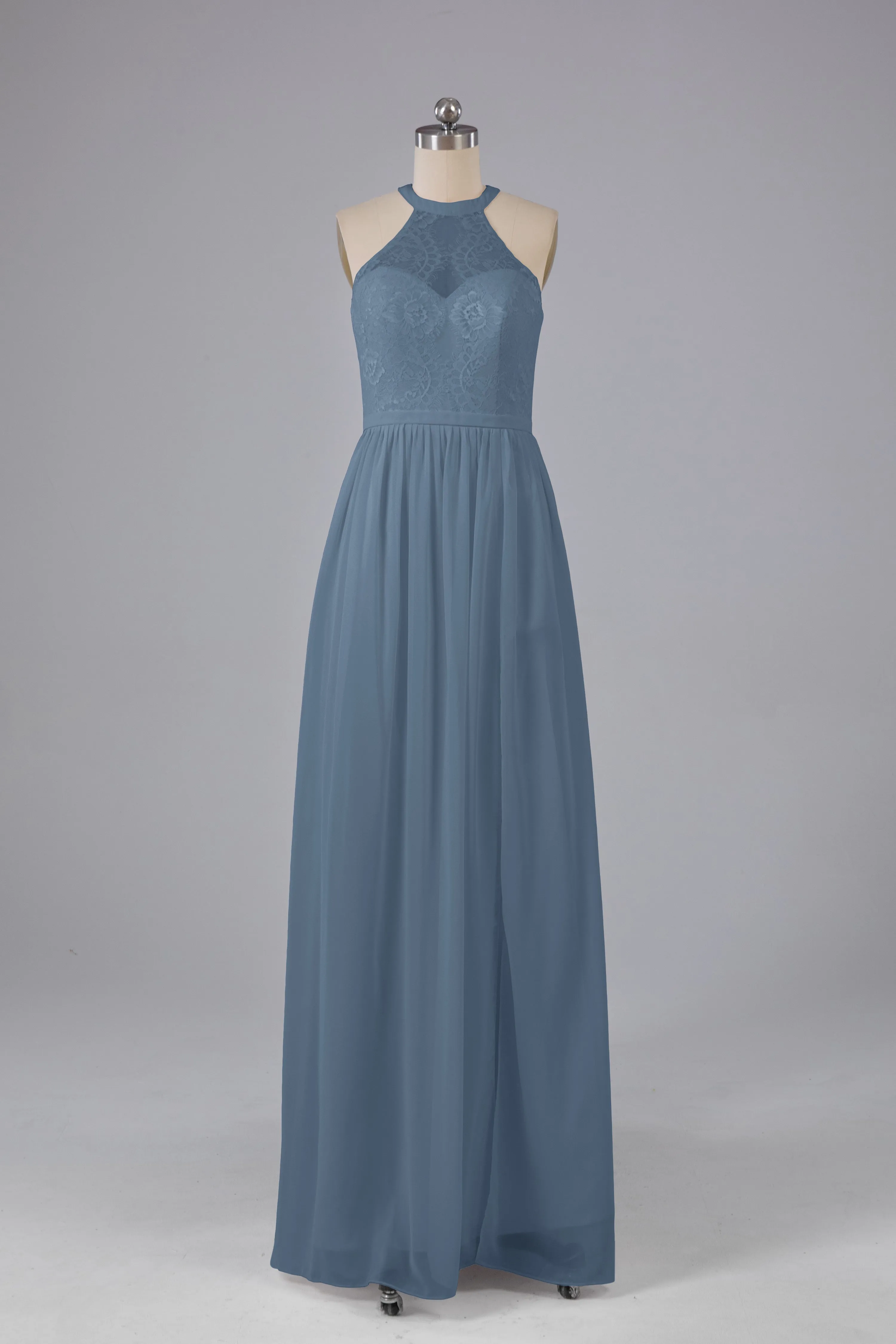 Simple Halter Lace Long Bridesmaid Dresses with Split