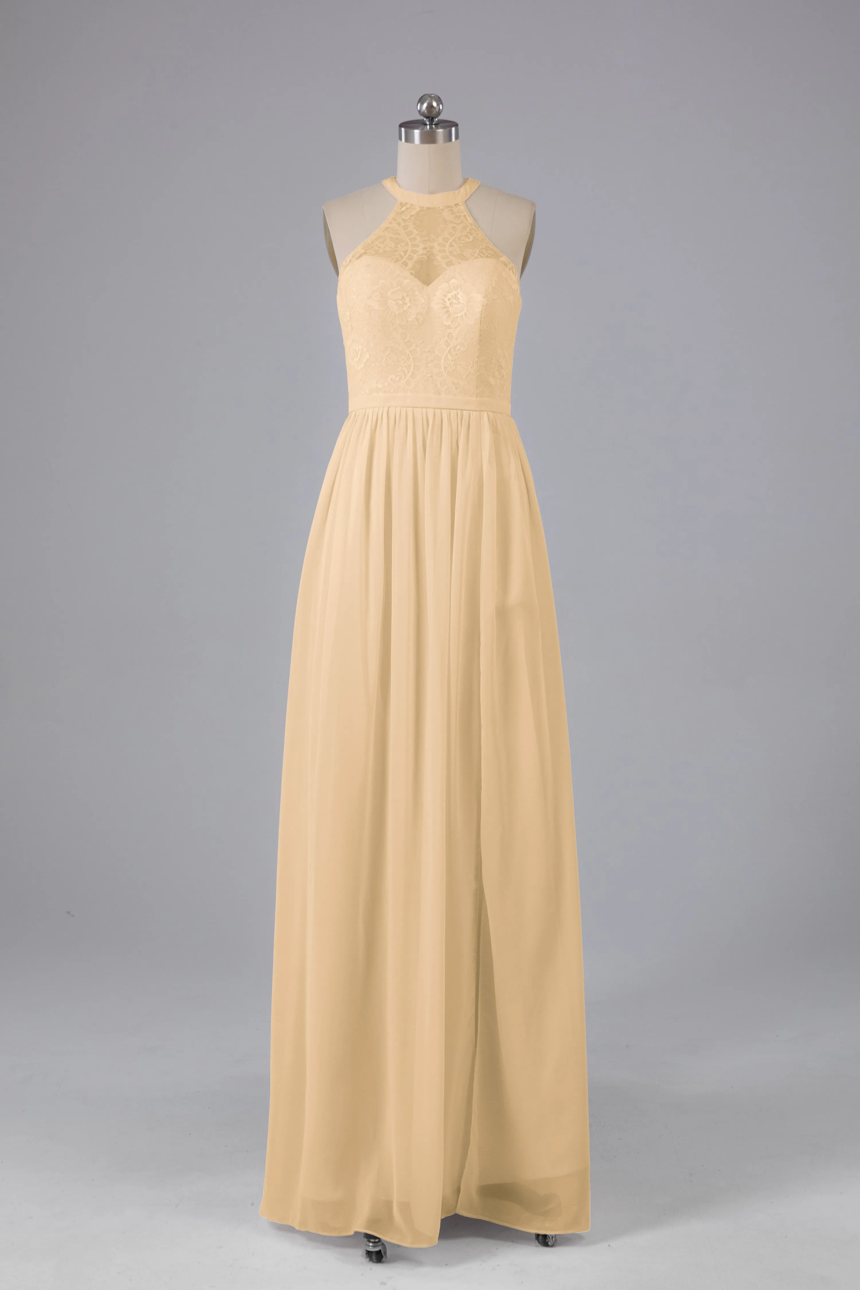 Simple Halter Lace Long Bridesmaid Dresses with Split