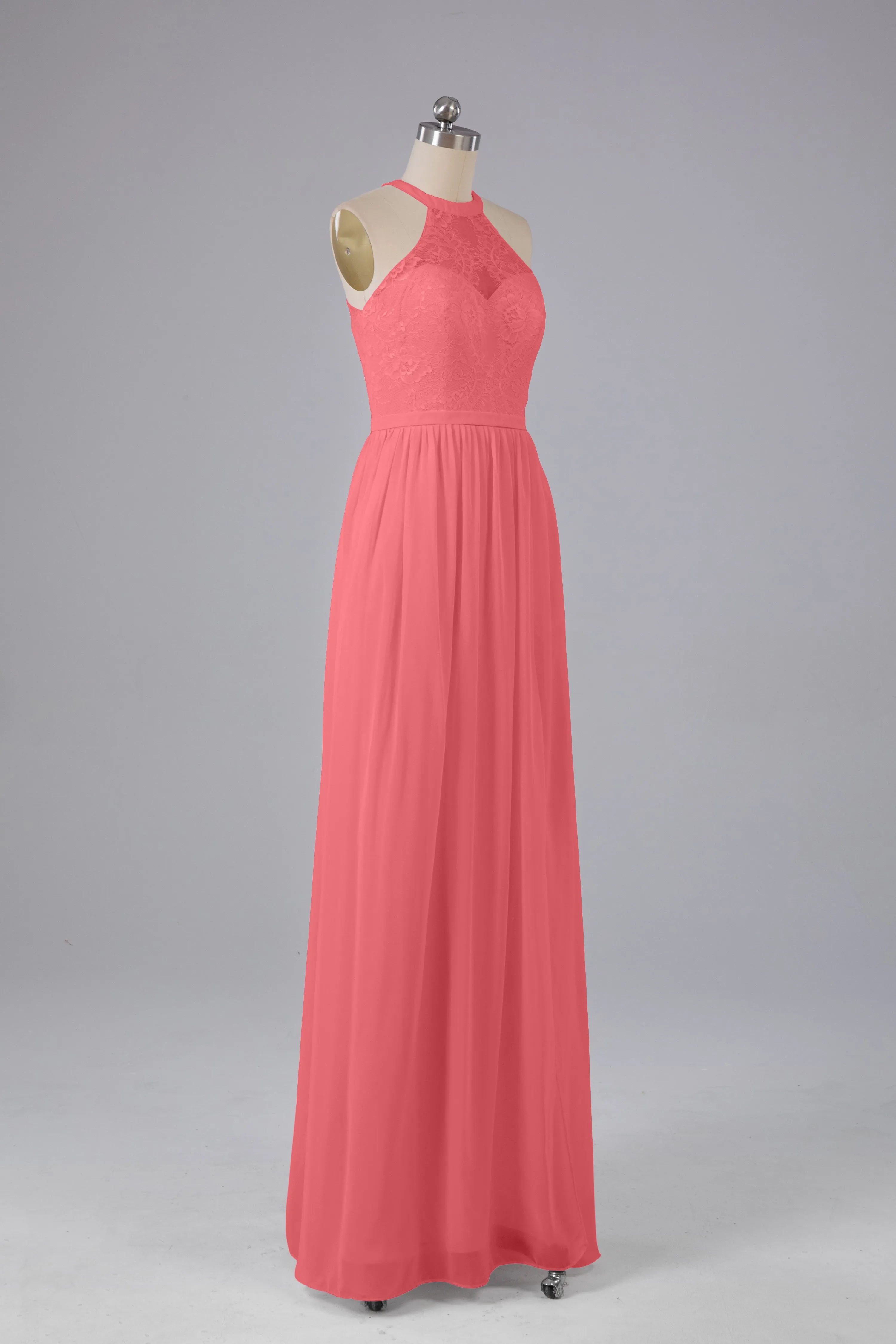 Simple Halter Lace Long Bridesmaid Dresses with Split