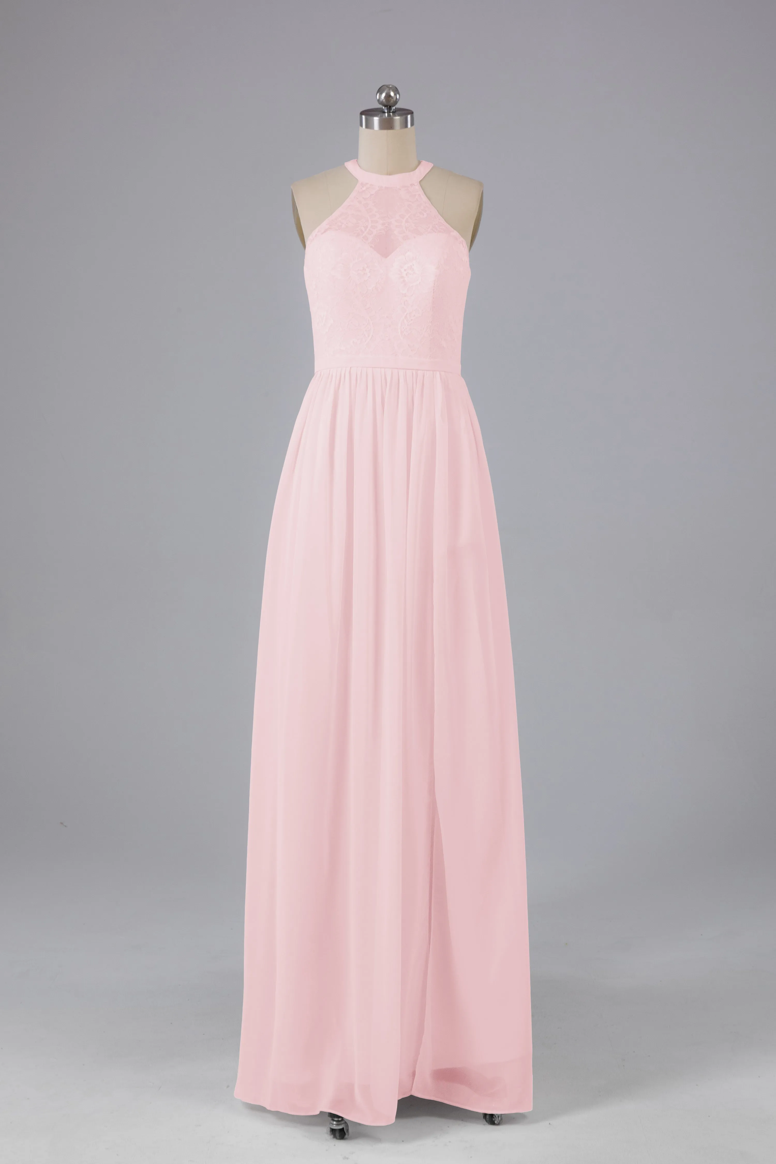 Simple Halter Lace Long Bridesmaid Dresses with Split