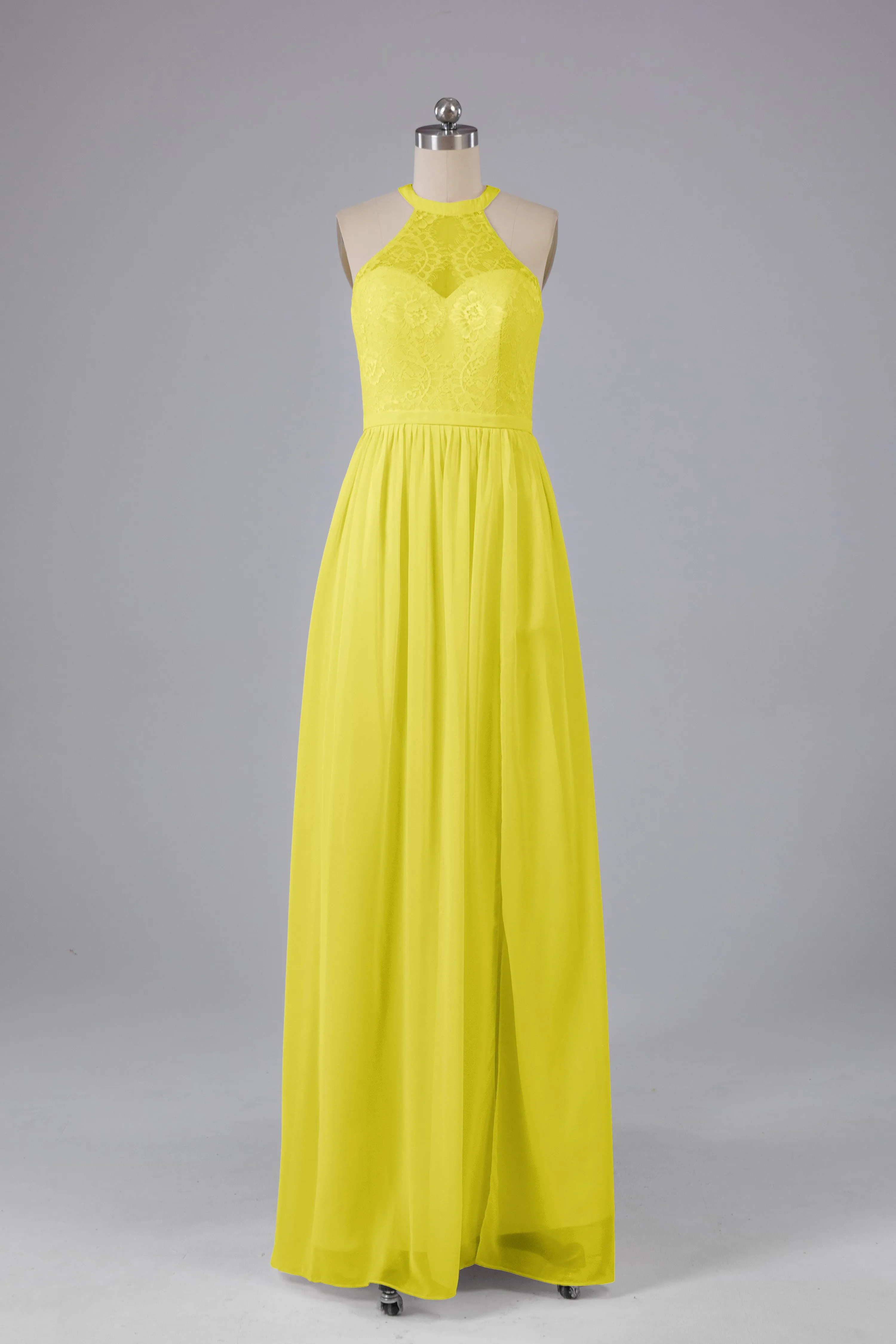 Simple Halter Lace Long Bridesmaid Dresses with Split