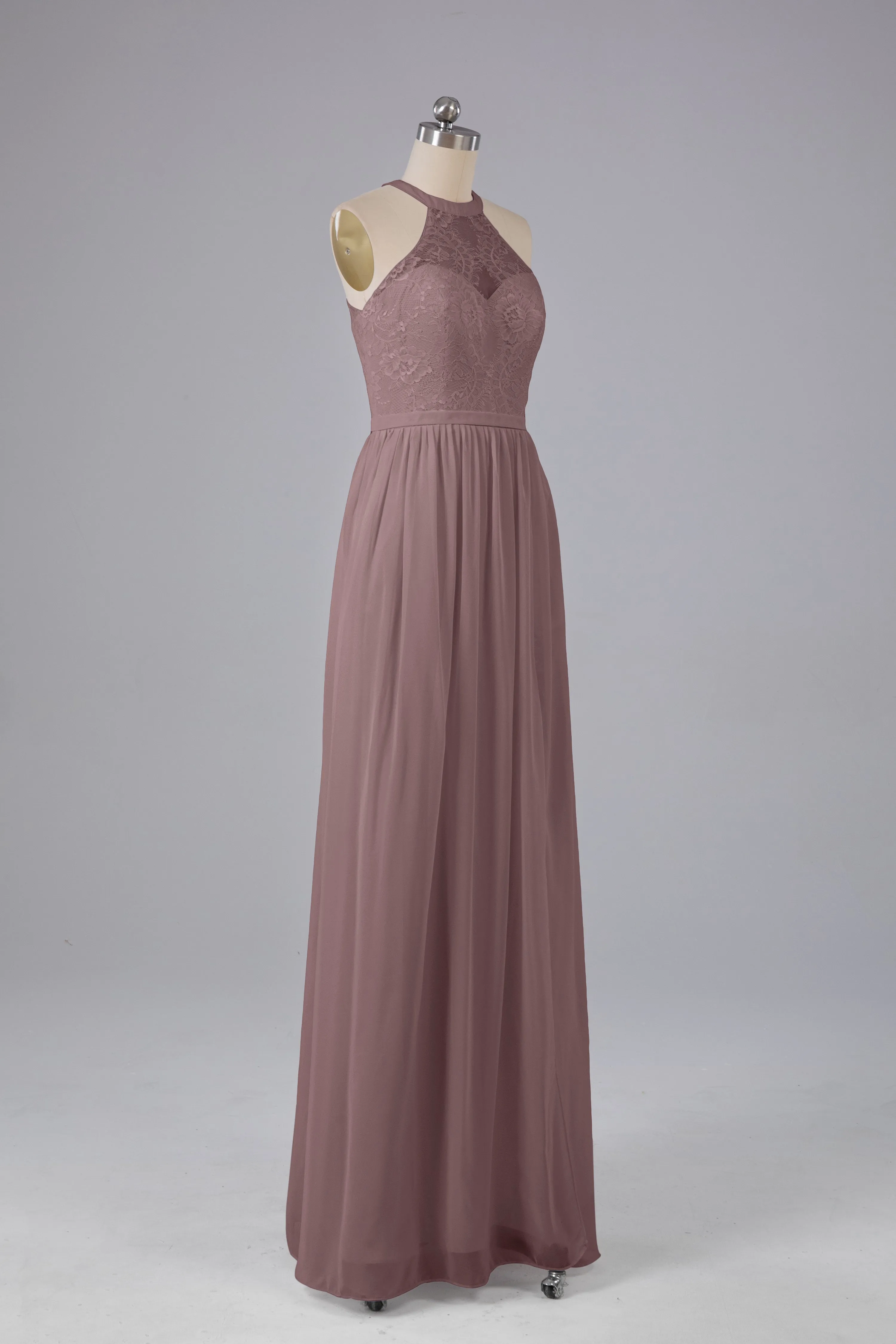 Simple Halter Lace Long Bridesmaid Dresses with Split