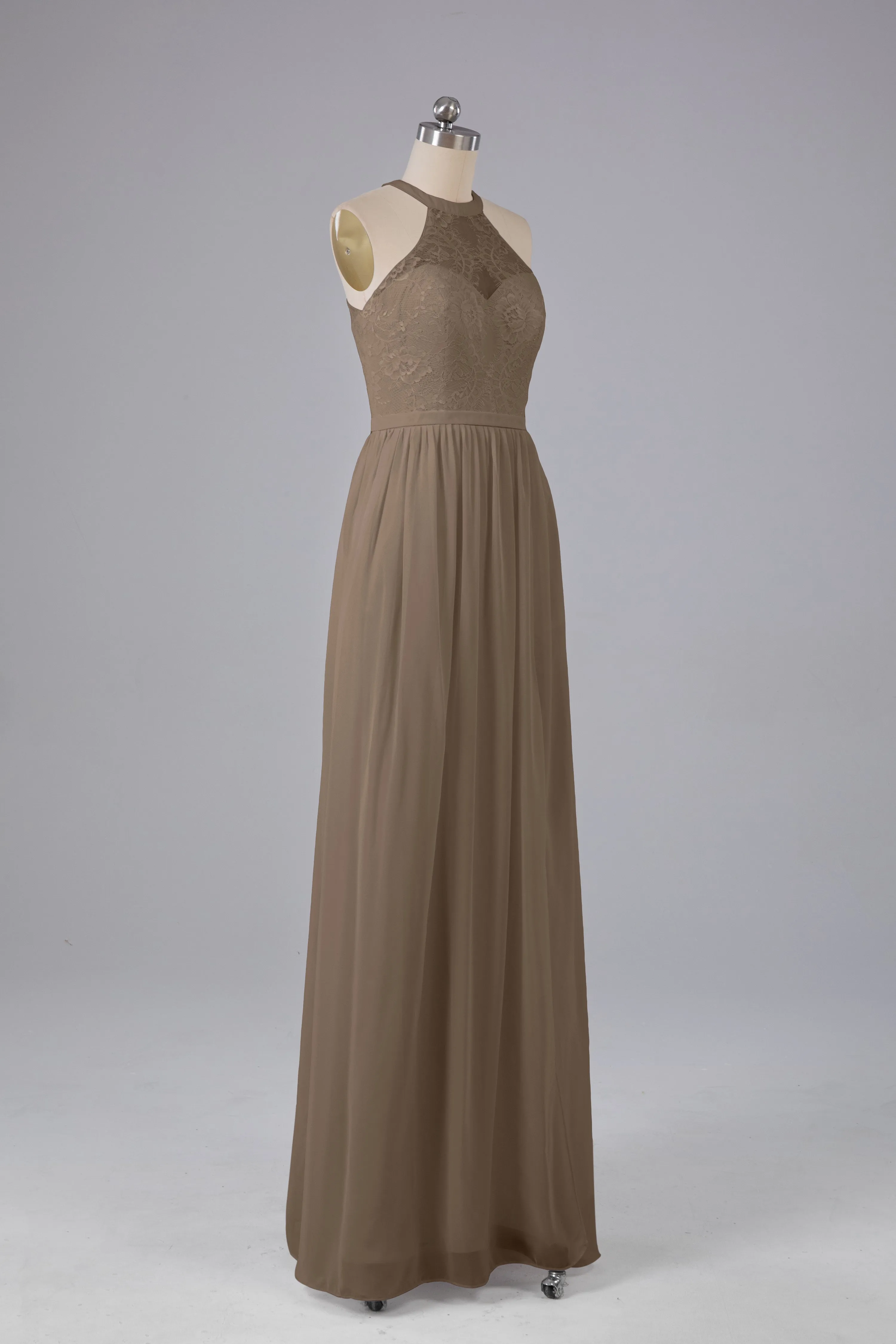 Simple Halter Lace Long Bridesmaid Dresses with Split