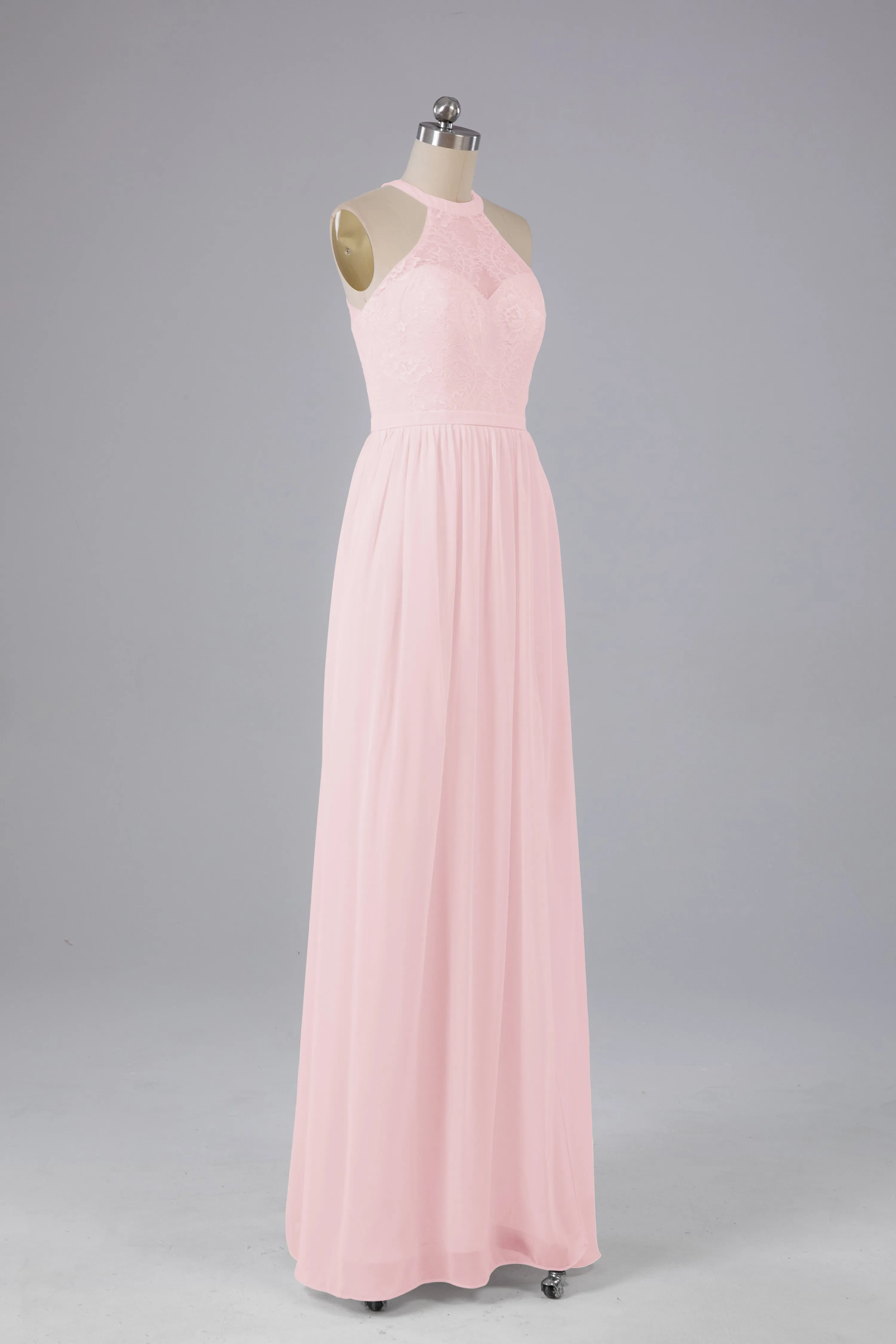 Simple Halter Lace Long Bridesmaid Dresses with Split