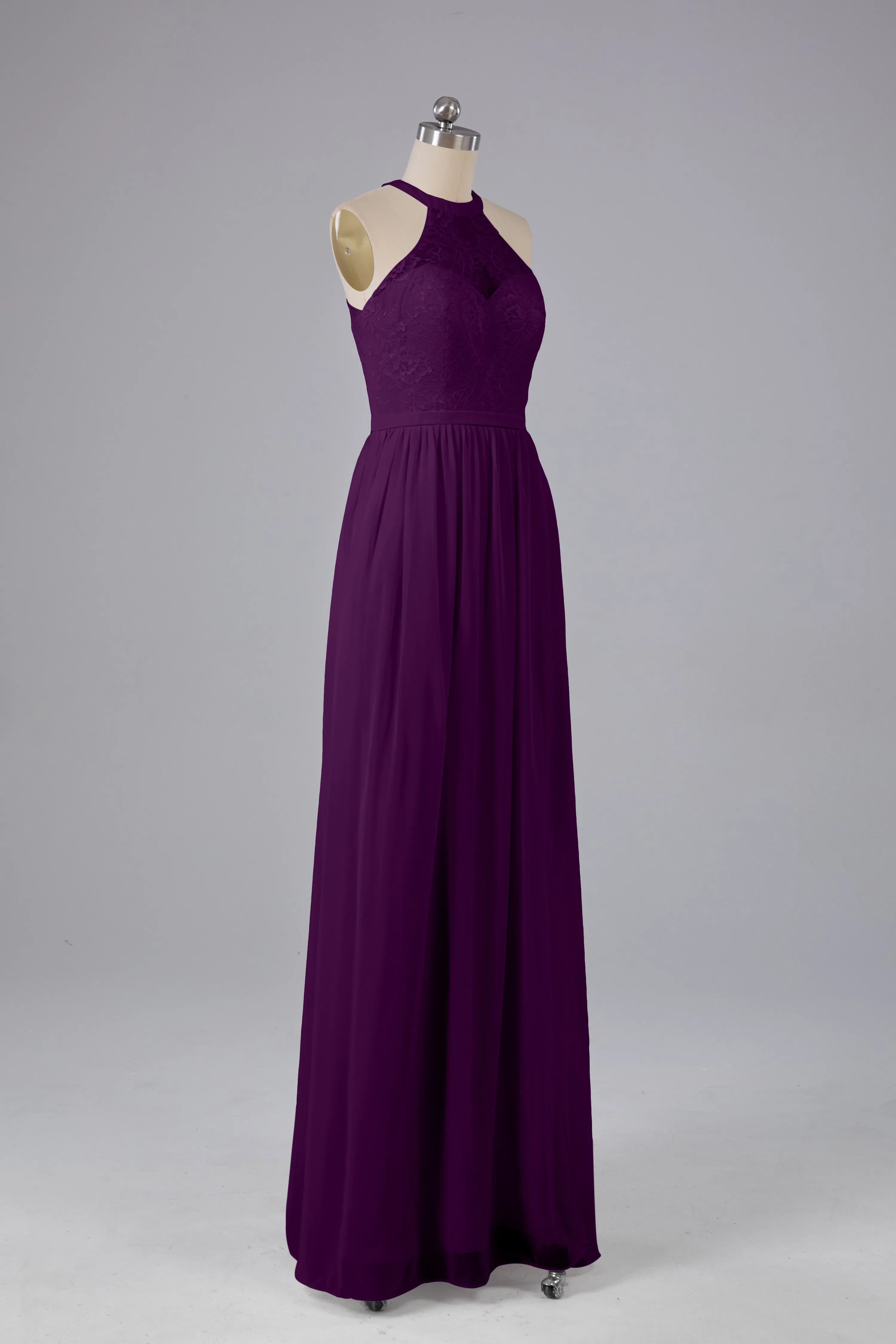 Simple Halter Lace Long Bridesmaid Dresses with Split