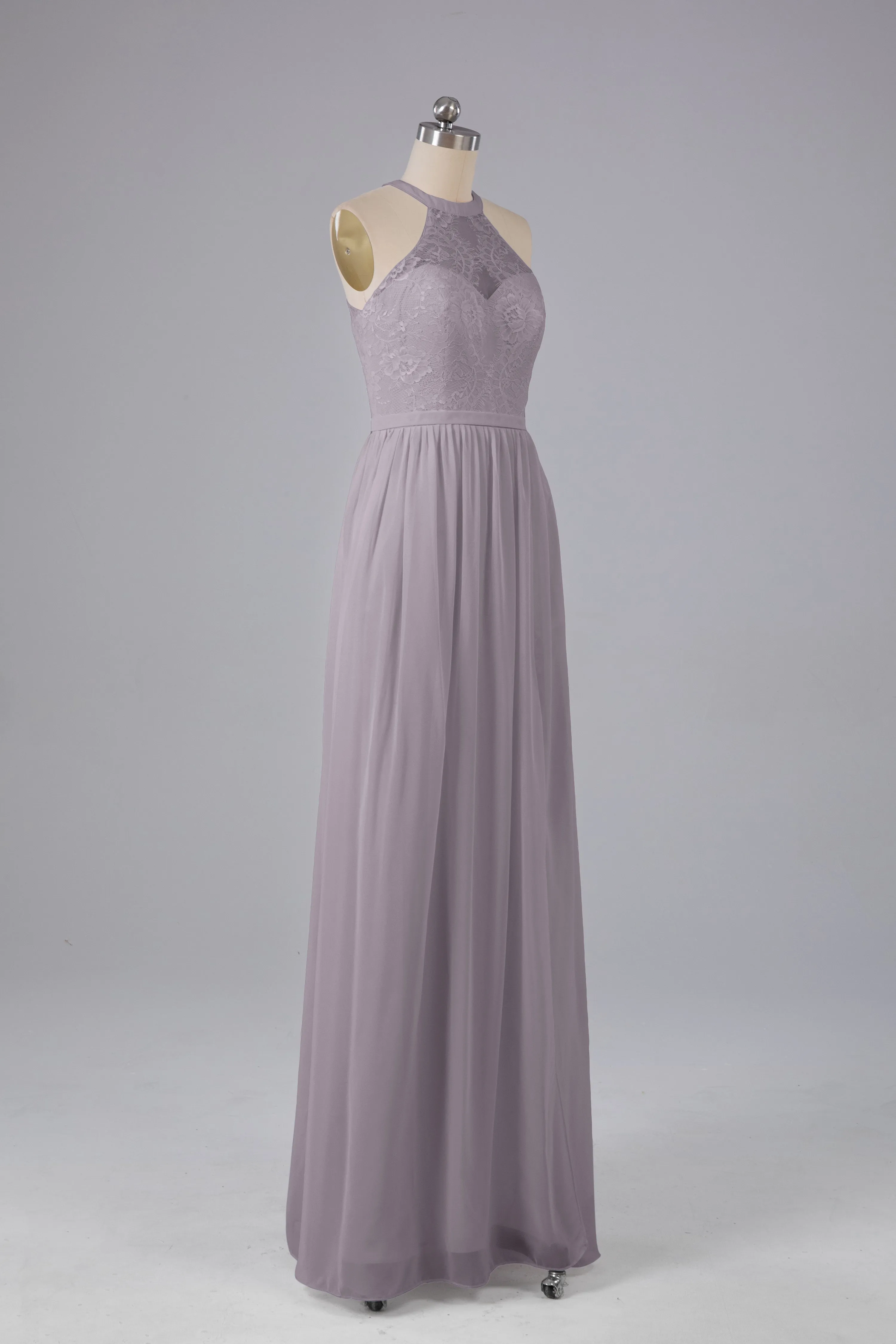 Simple Halter Lace Long Bridesmaid Dresses with Split