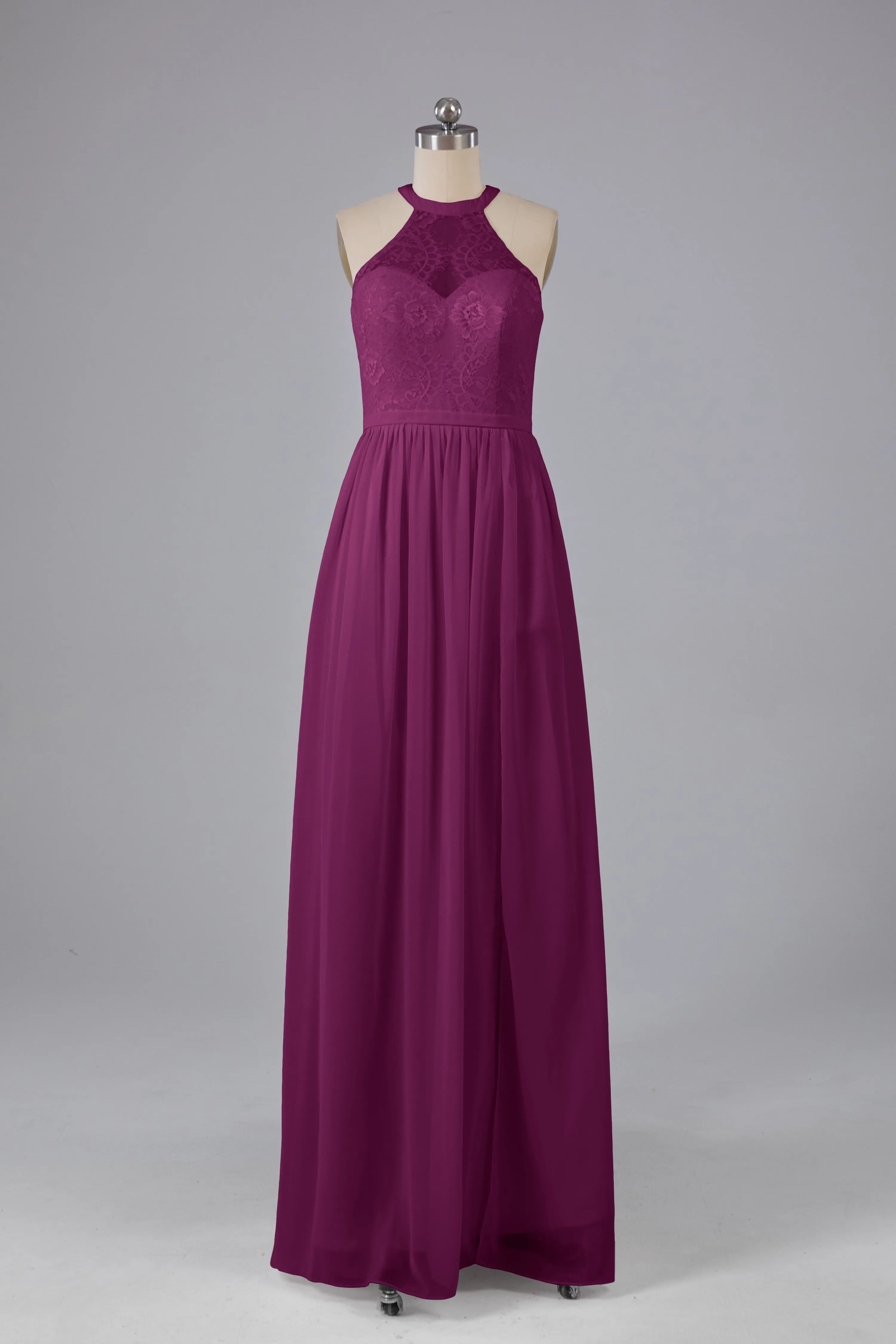 Simple Halter Lace Long Bridesmaid Dresses with Split