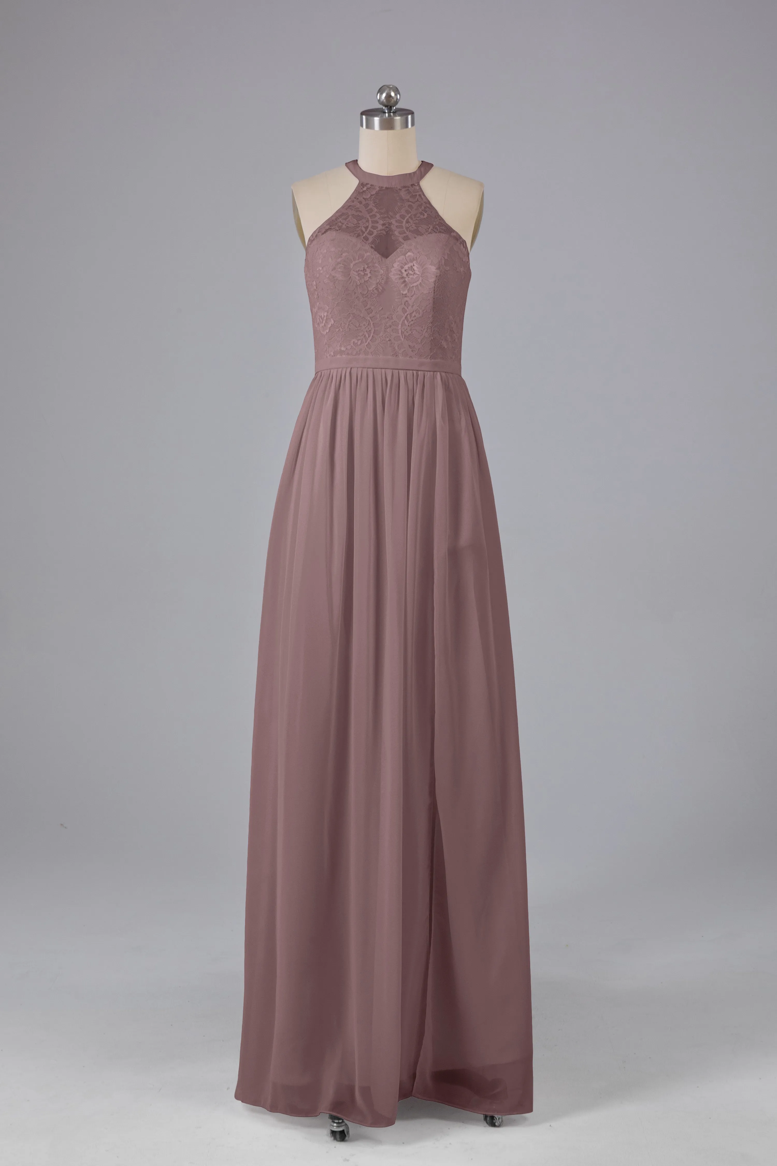 Simple Halter Lace Long Bridesmaid Dresses with Split