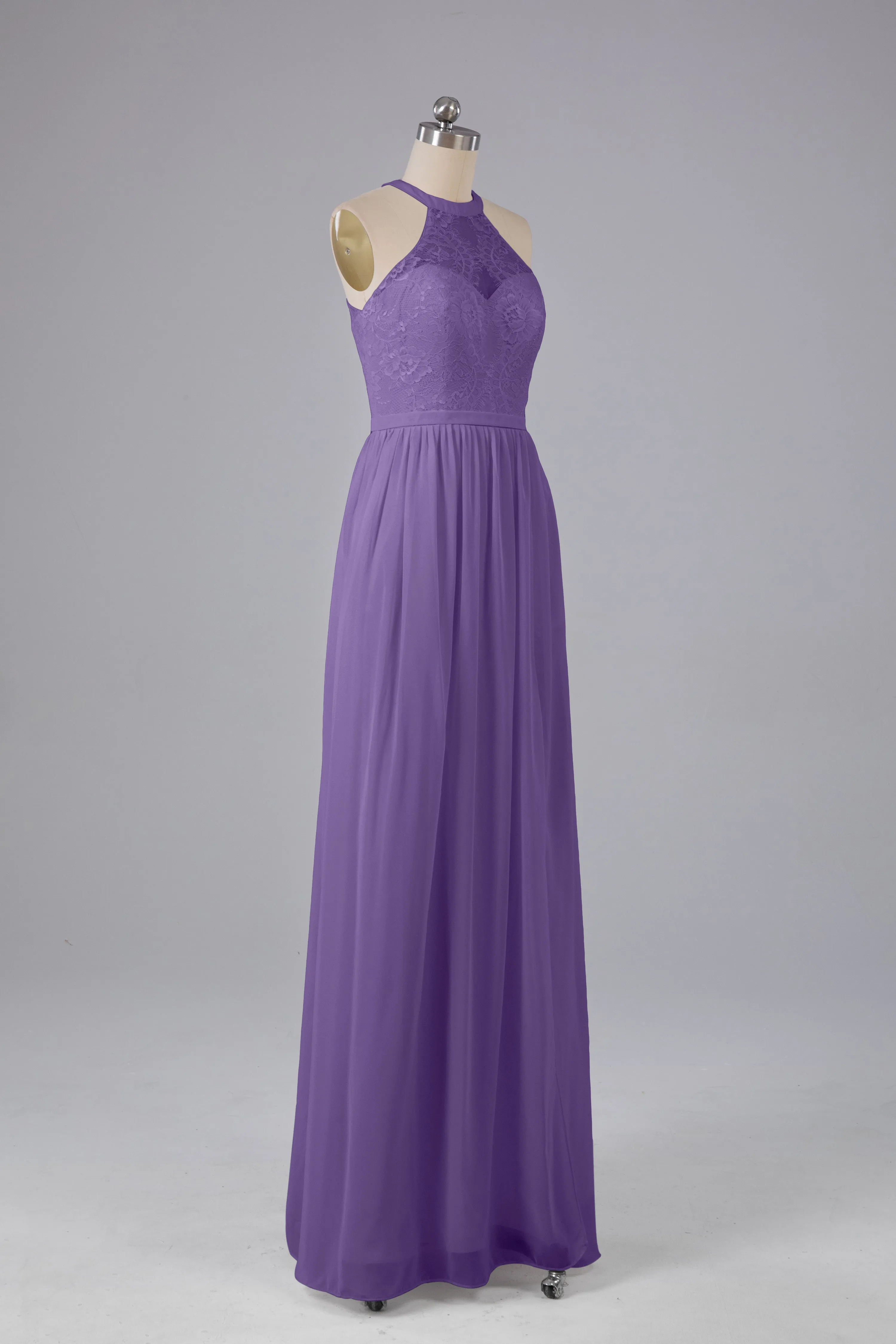 Simple Halter Lace Long Bridesmaid Dresses with Split