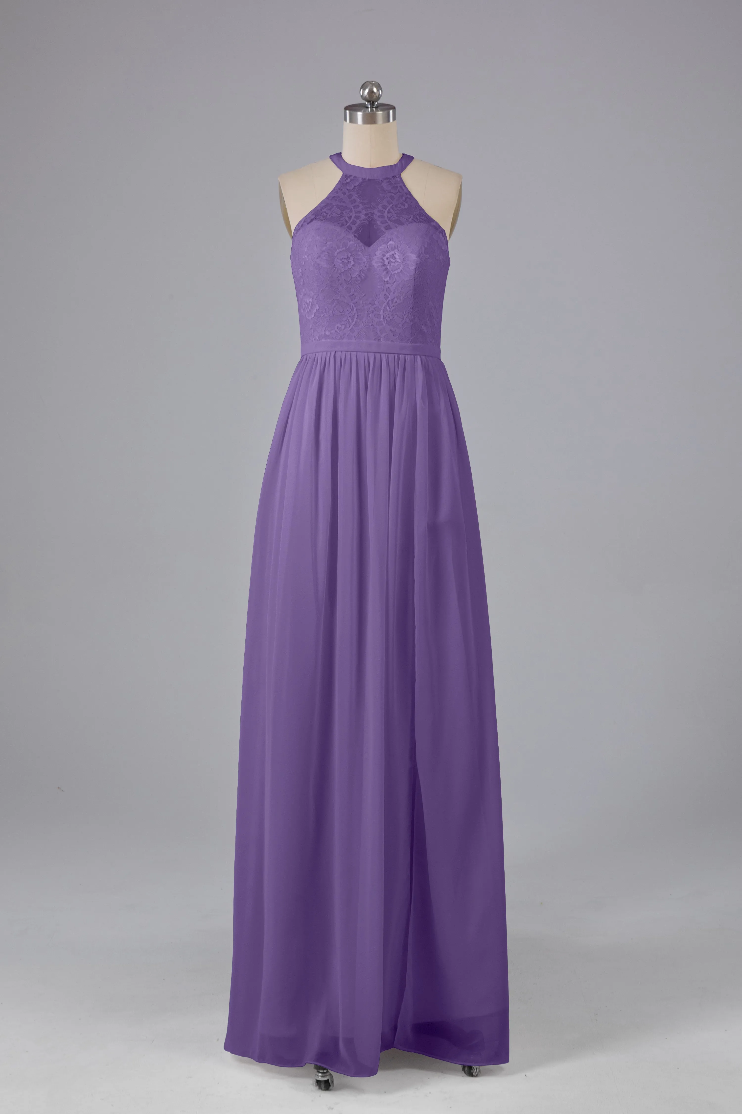 Simple Halter Lace Long Bridesmaid Dresses with Split