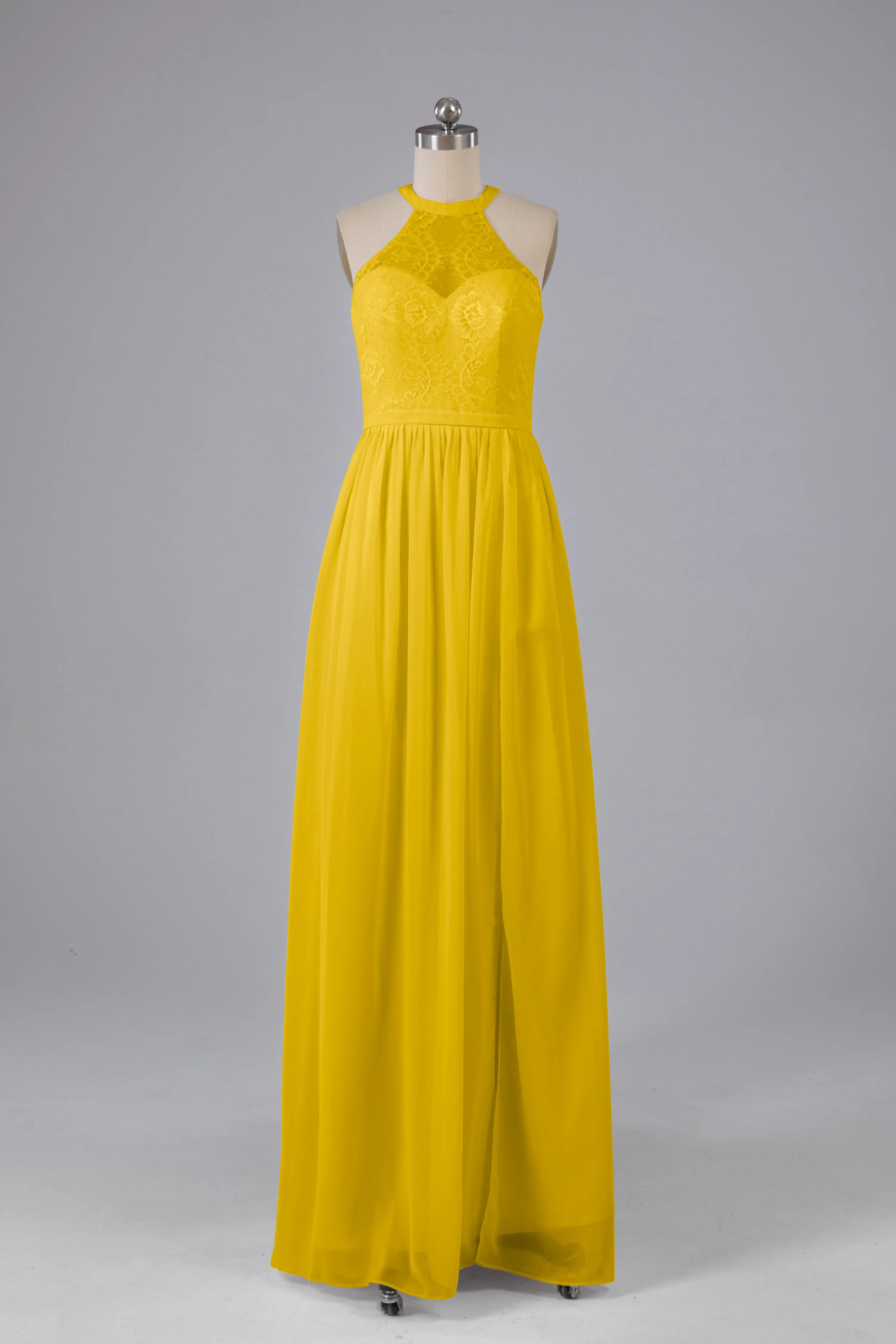 Simple Halter Lace Long Bridesmaid Dresses with Split