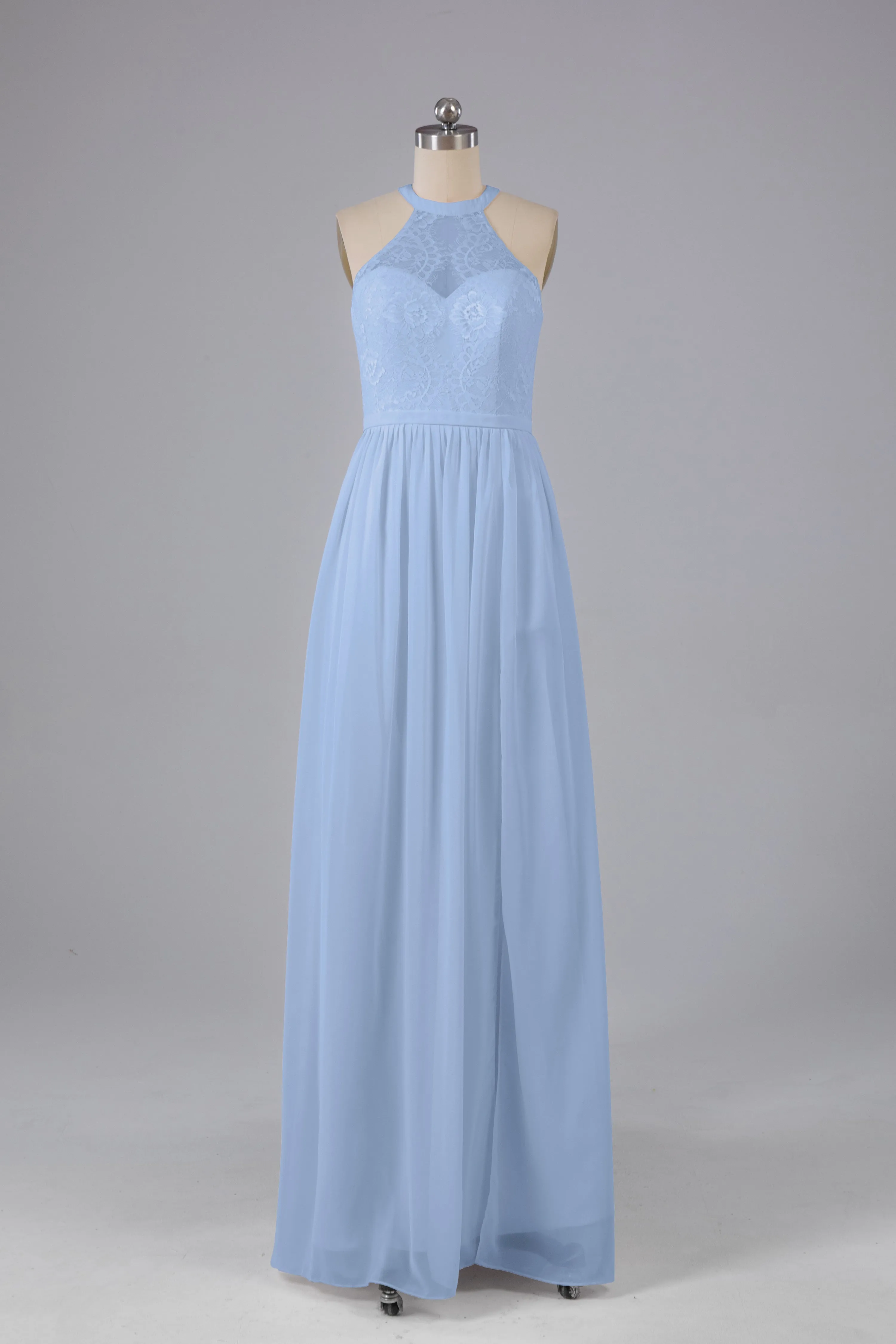 Simple Halter Lace Long Bridesmaid Dresses with Split