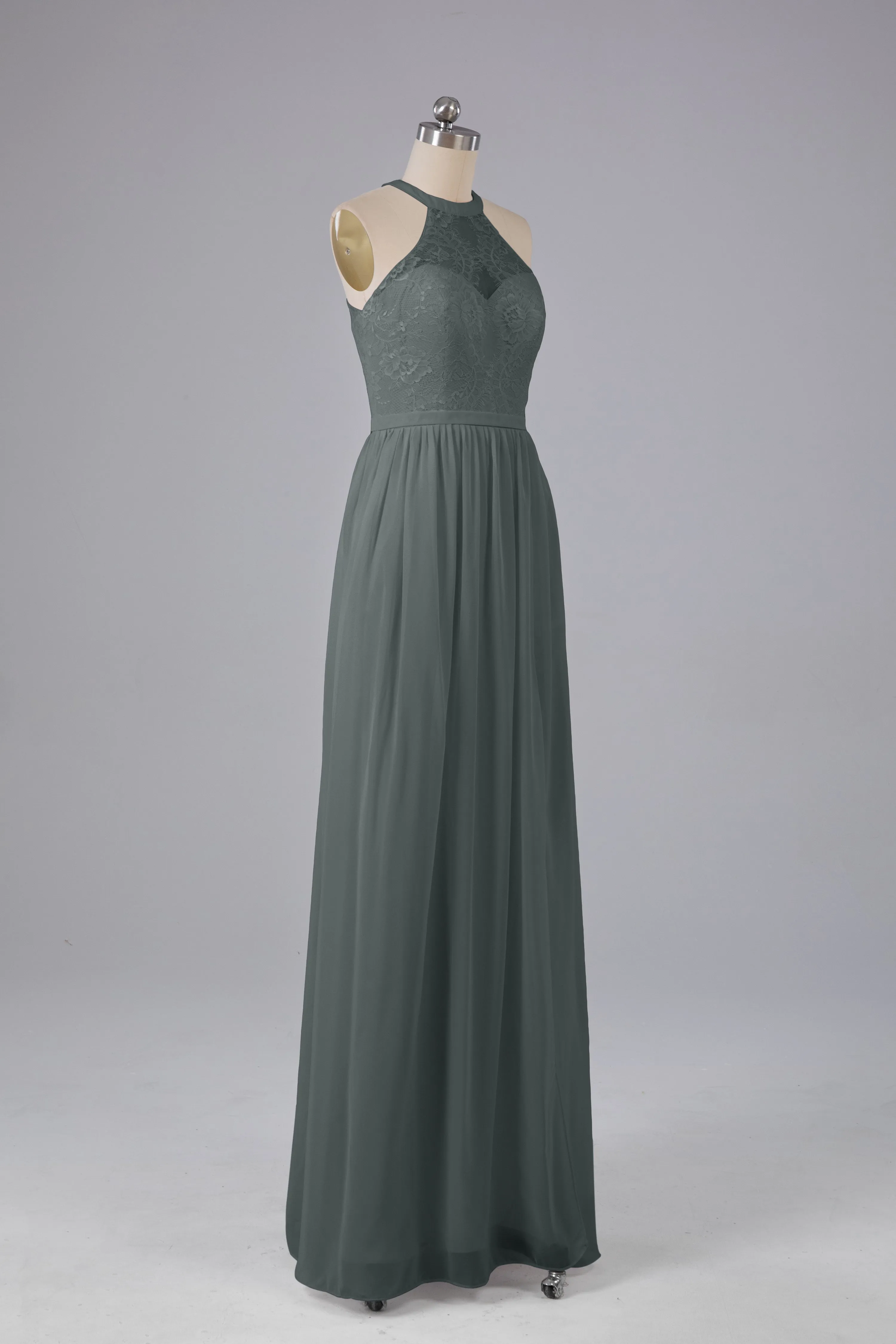 Simple Halter Lace Long Bridesmaid Dresses with Split