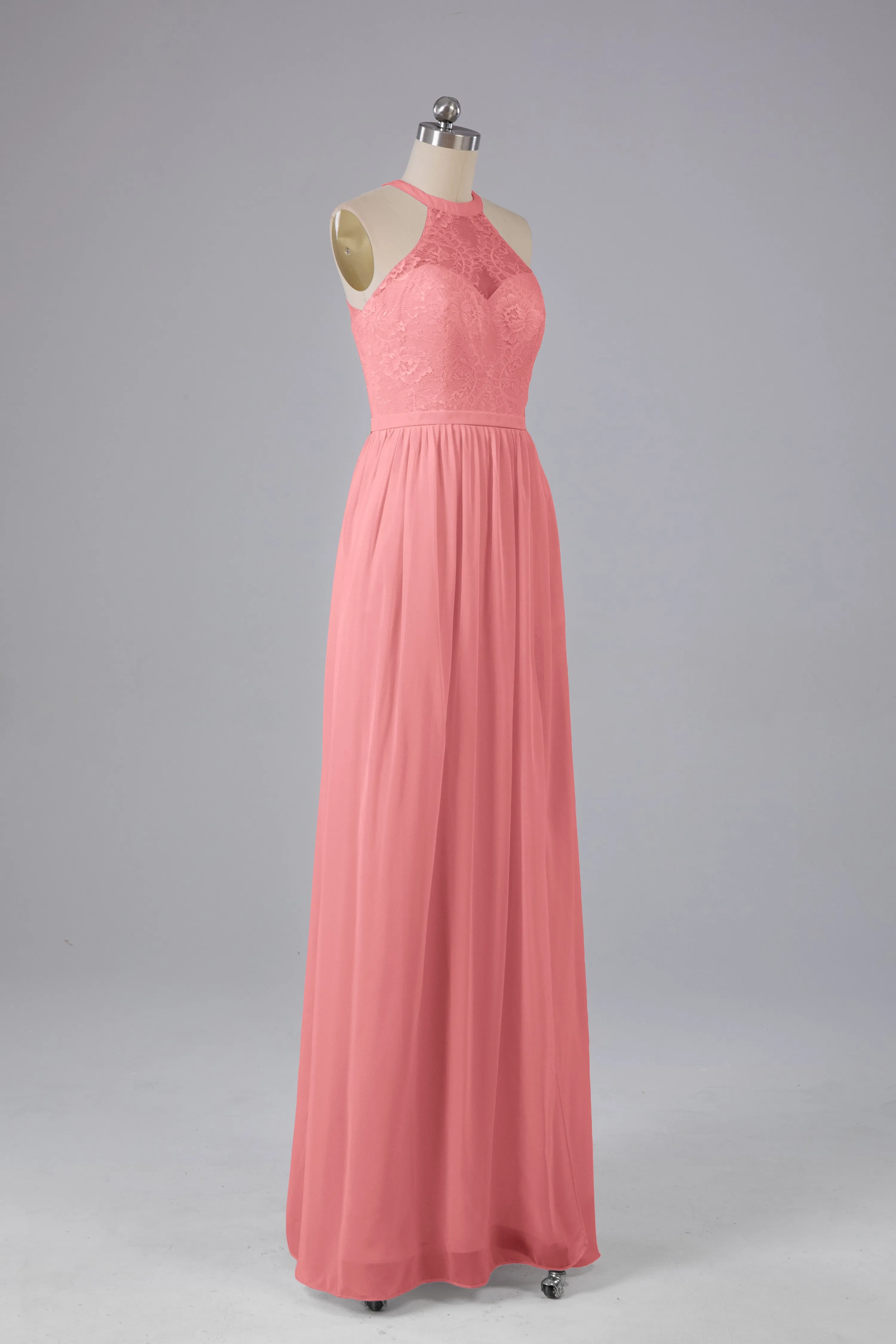 Simple Halter Lace Long Bridesmaid Dresses with Split