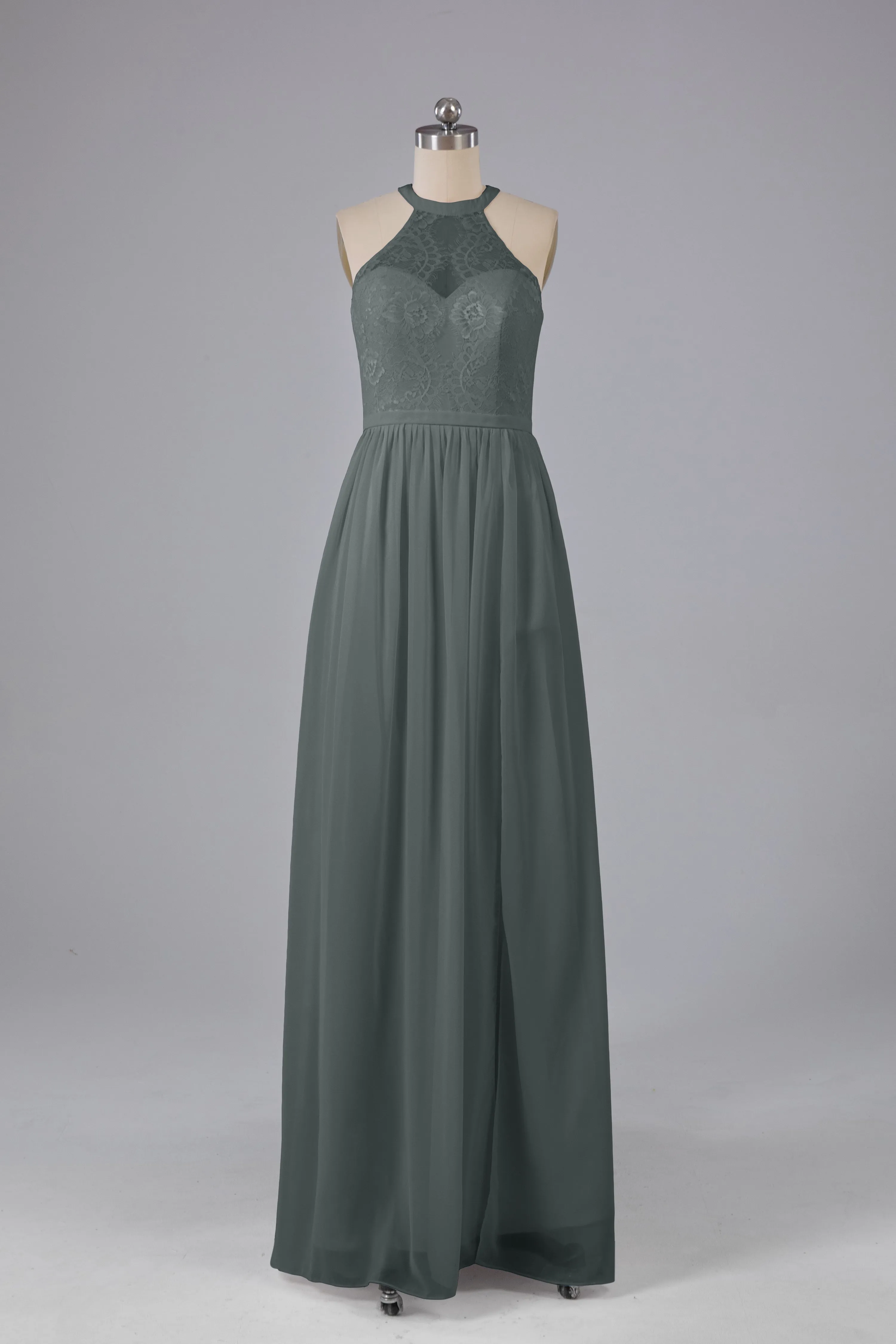 Simple Halter Lace Long Bridesmaid Dresses with Split