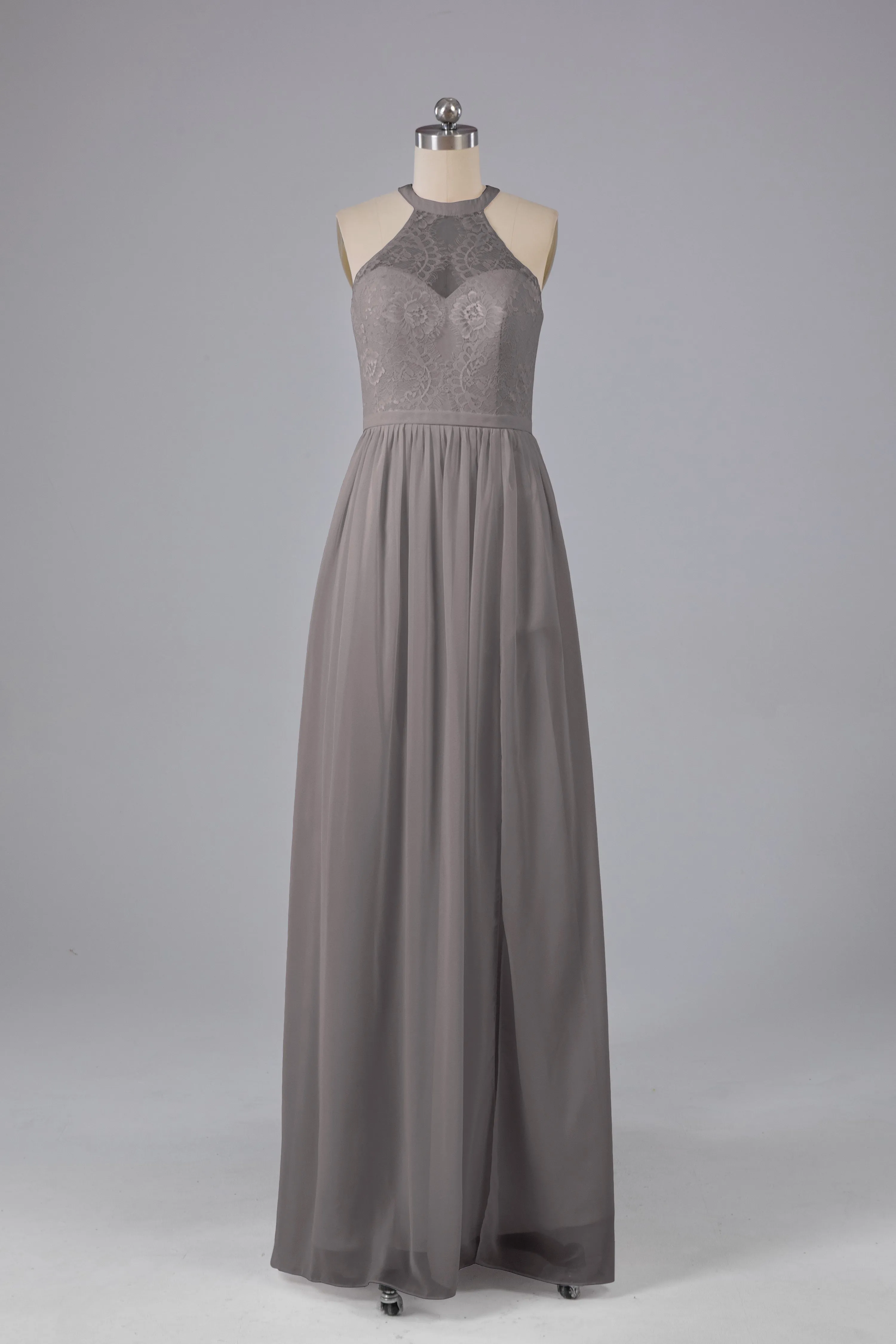 Simple Halter Lace Long Bridesmaid Dresses with Split