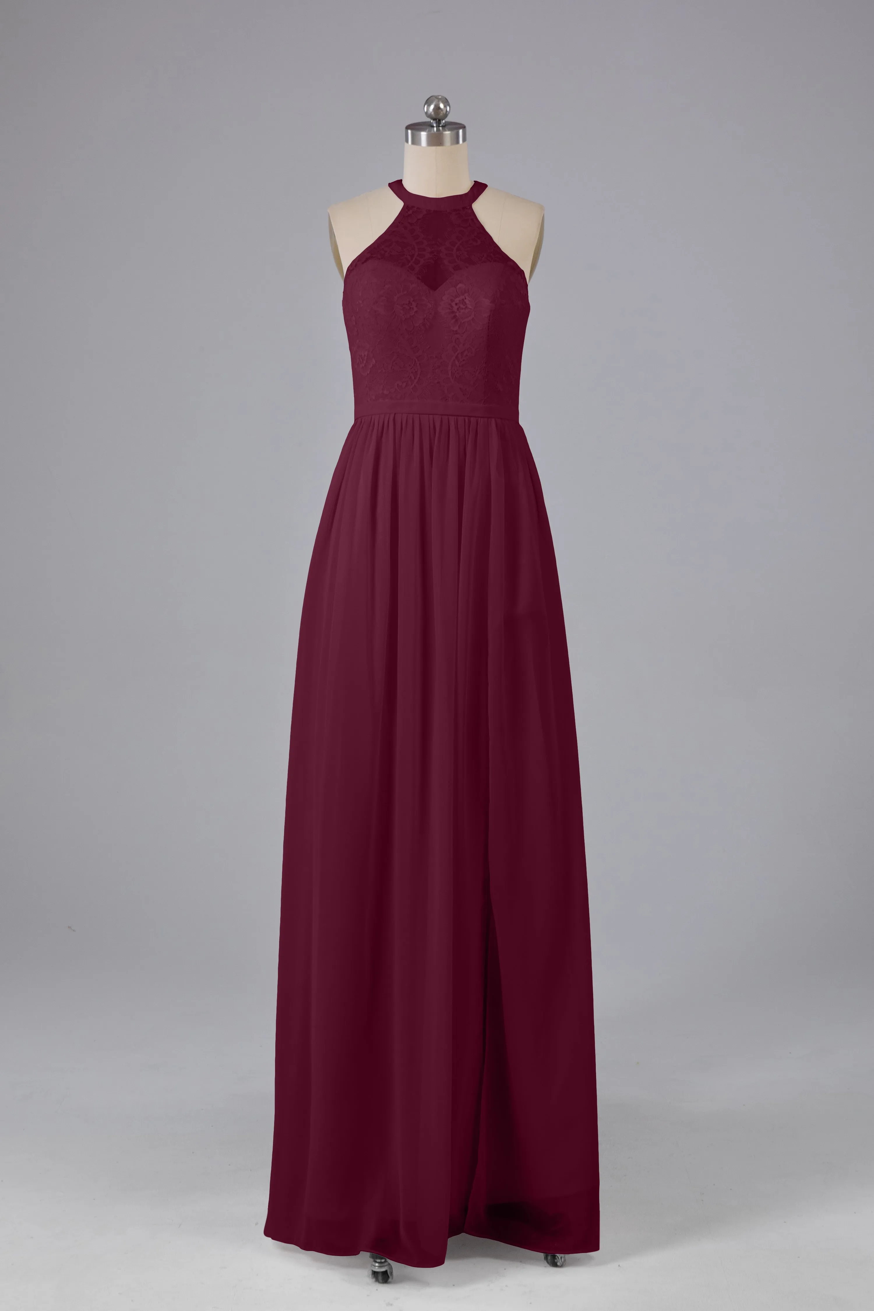 Simple Halter Lace Long Bridesmaid Dresses with Split