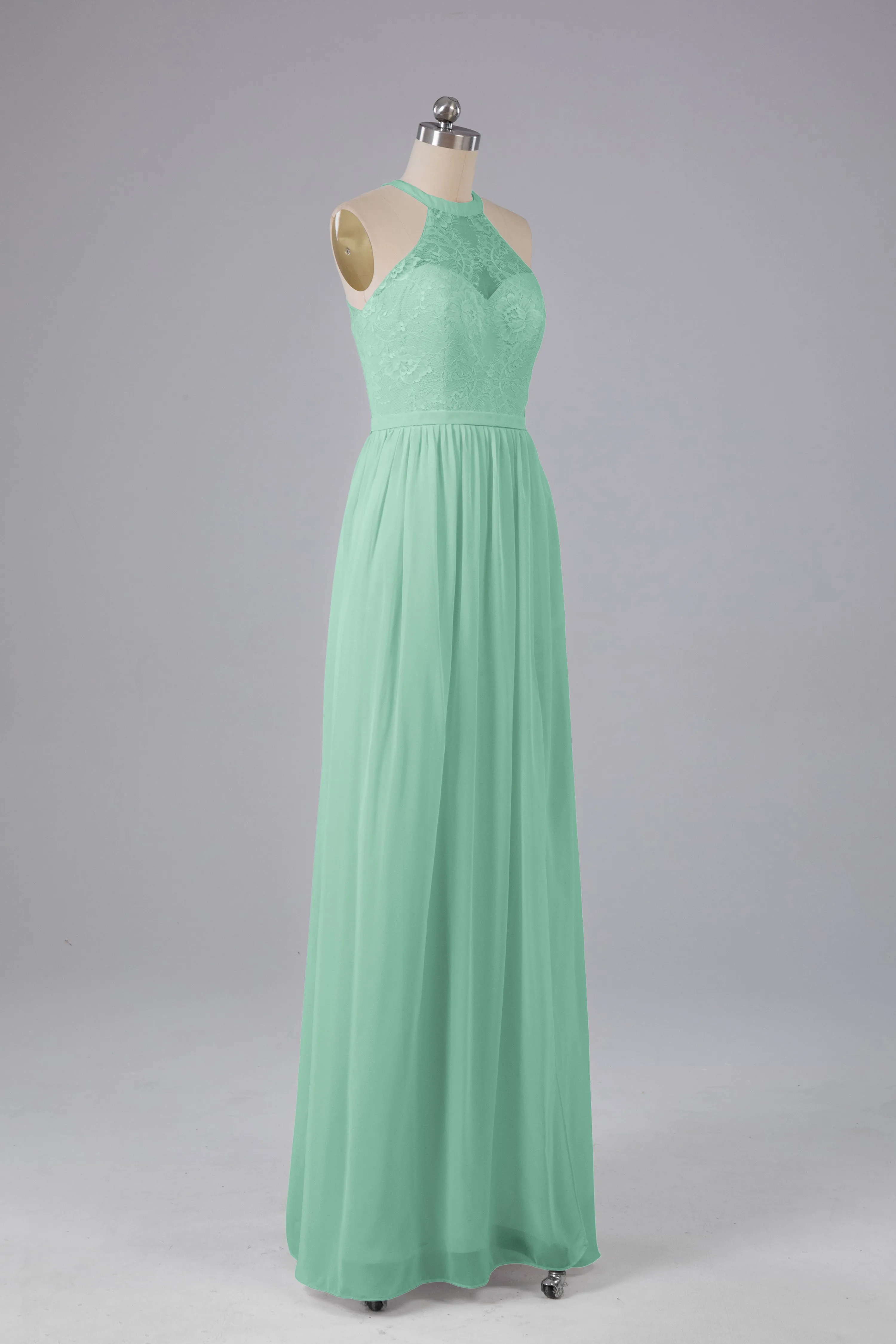 Simple Halter Lace Long Bridesmaid Dresses with Split