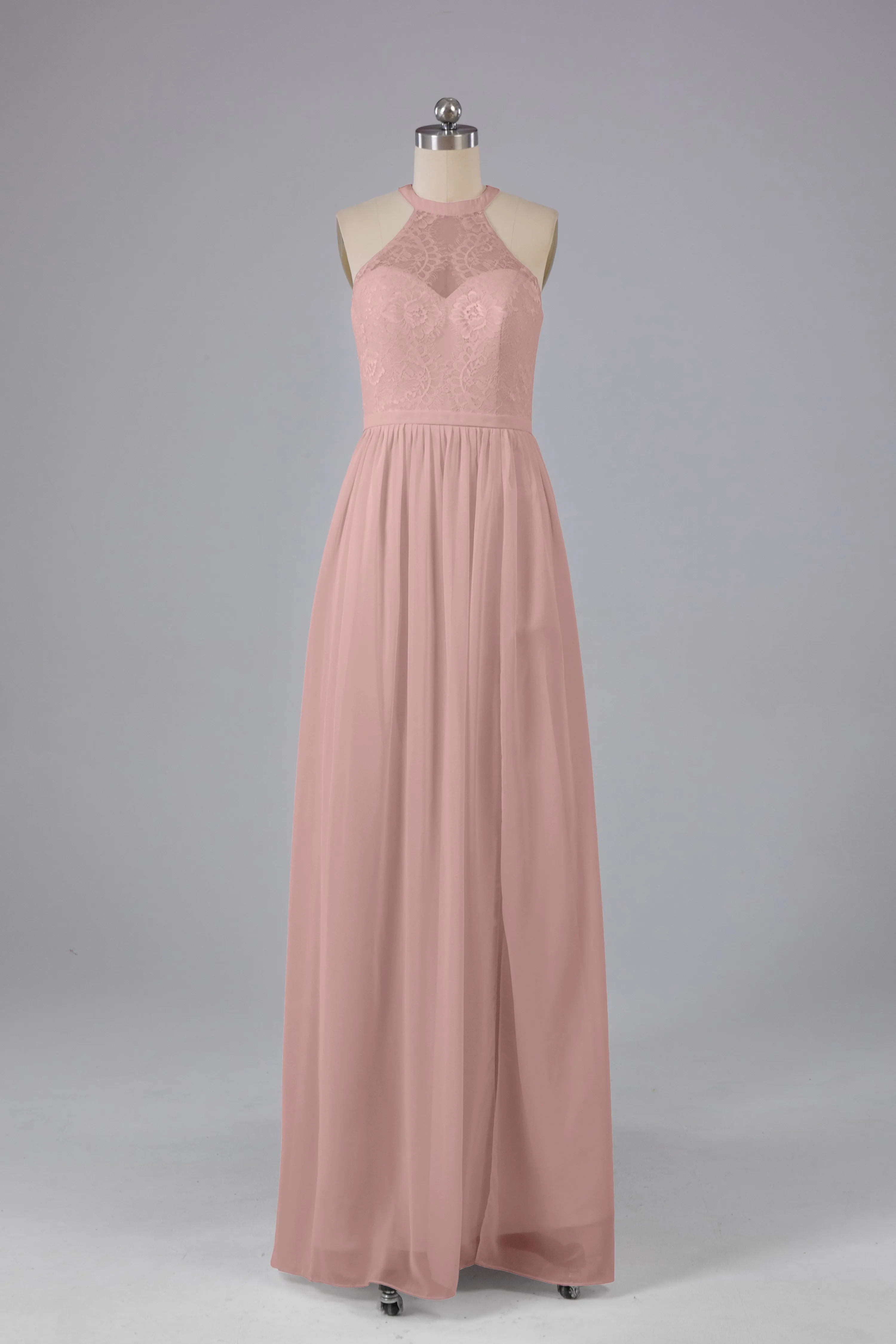 Simple Halter Lace Long Bridesmaid Dresses with Split