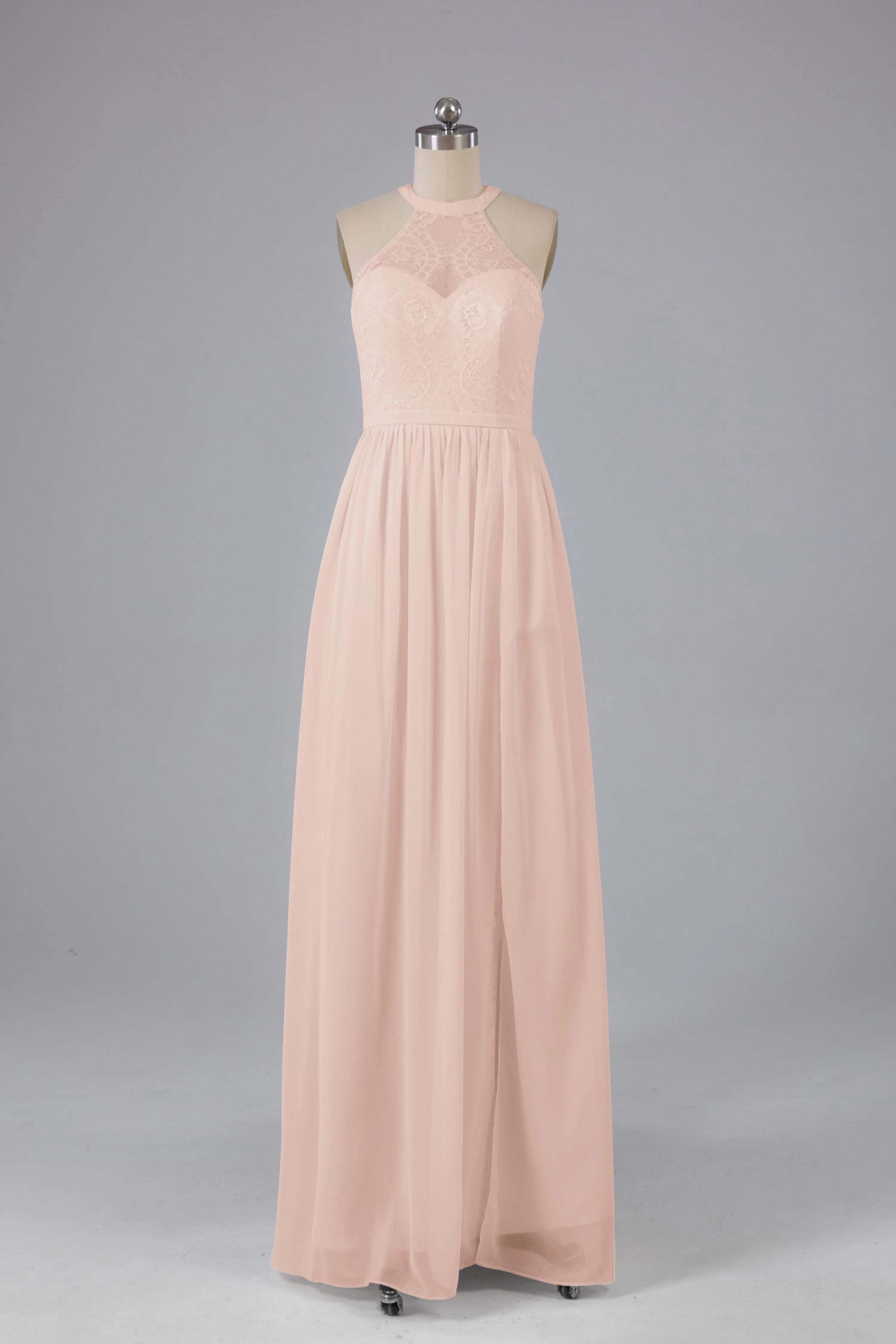 Simple Halter Lace Long Bridesmaid Dresses with Split