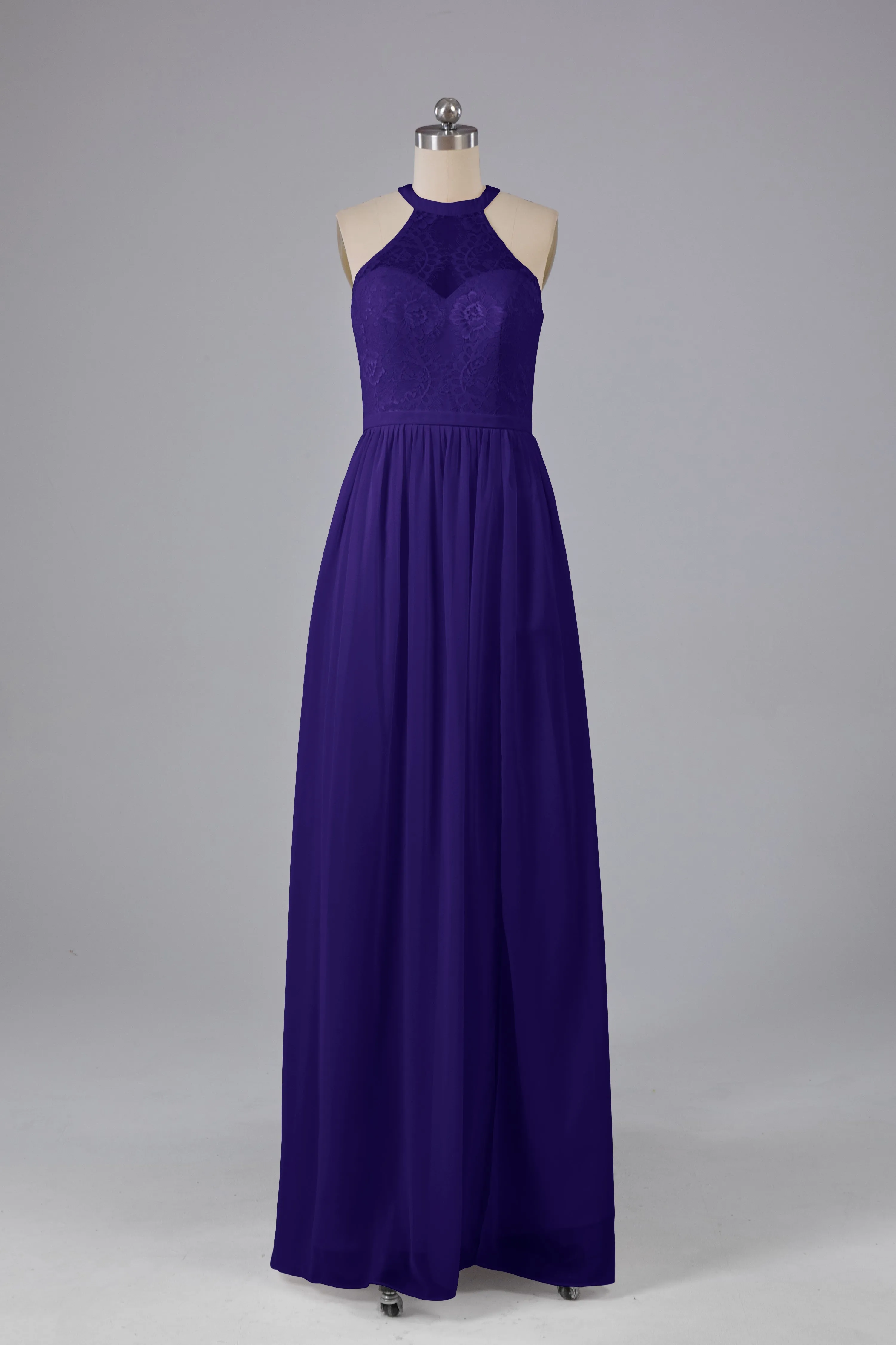 Simple Halter Lace Long Bridesmaid Dresses with Split