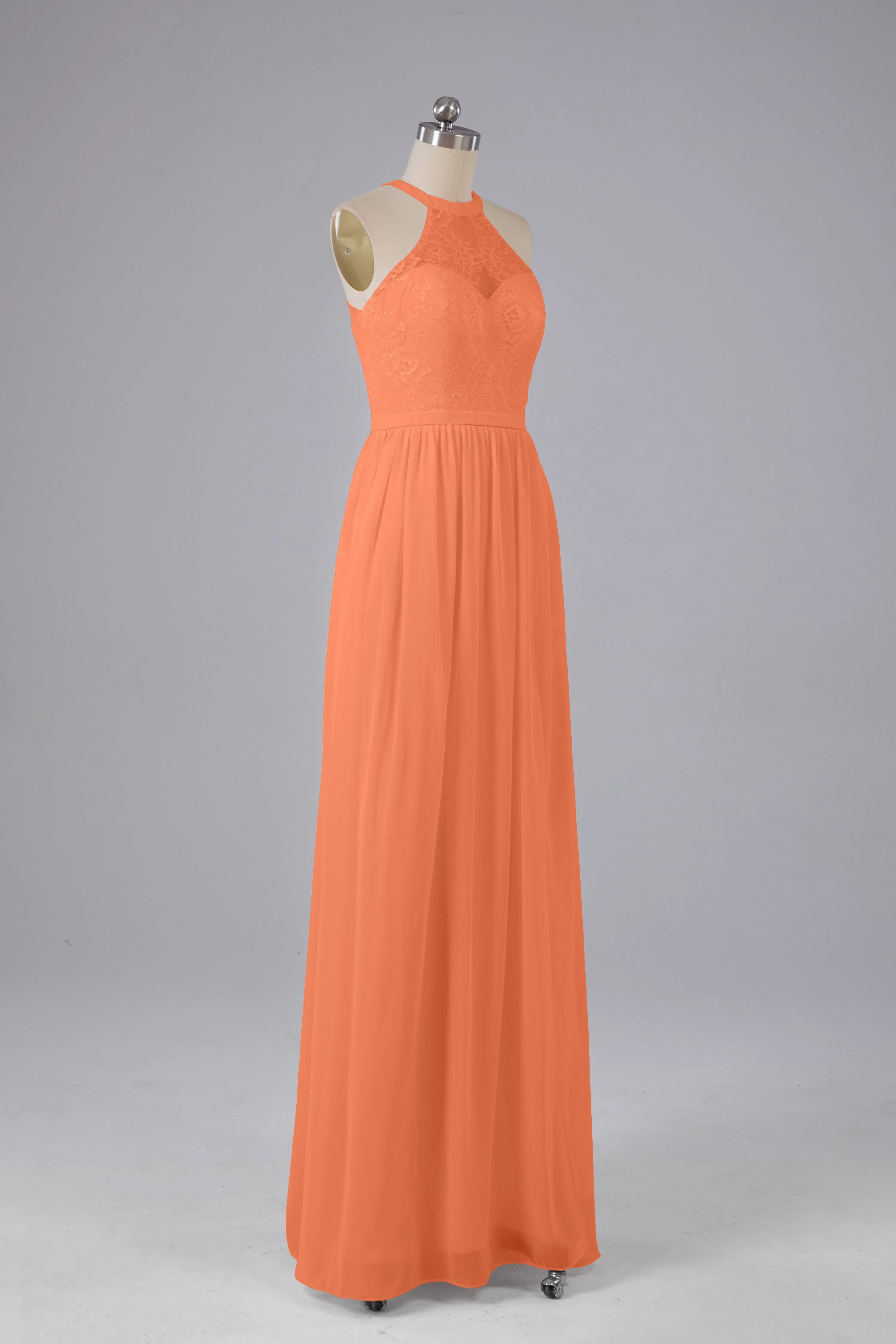 Simple Halter Lace Long Bridesmaid Dresses with Split