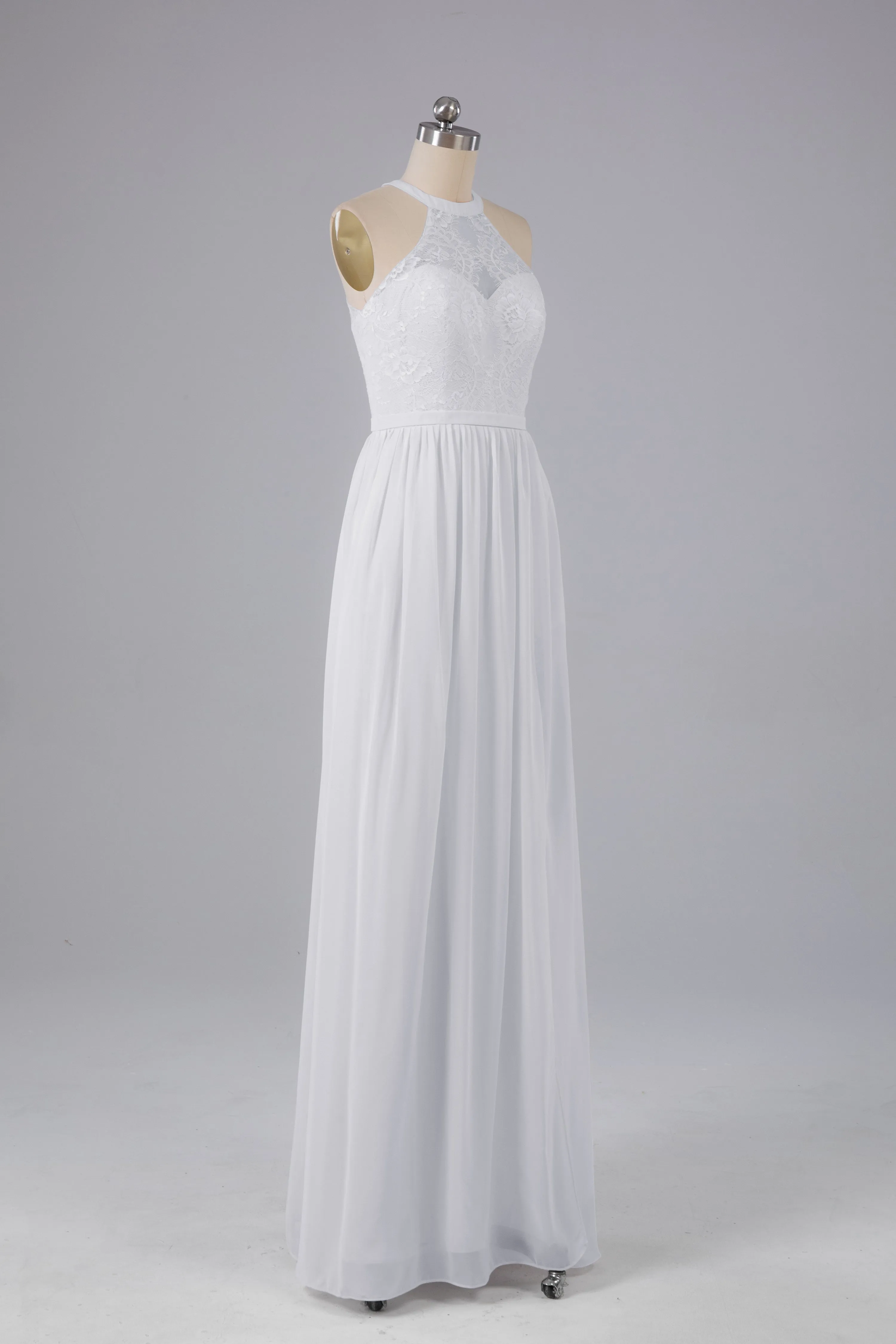 Simple Halter Lace Long Bridesmaid Dresses with Split