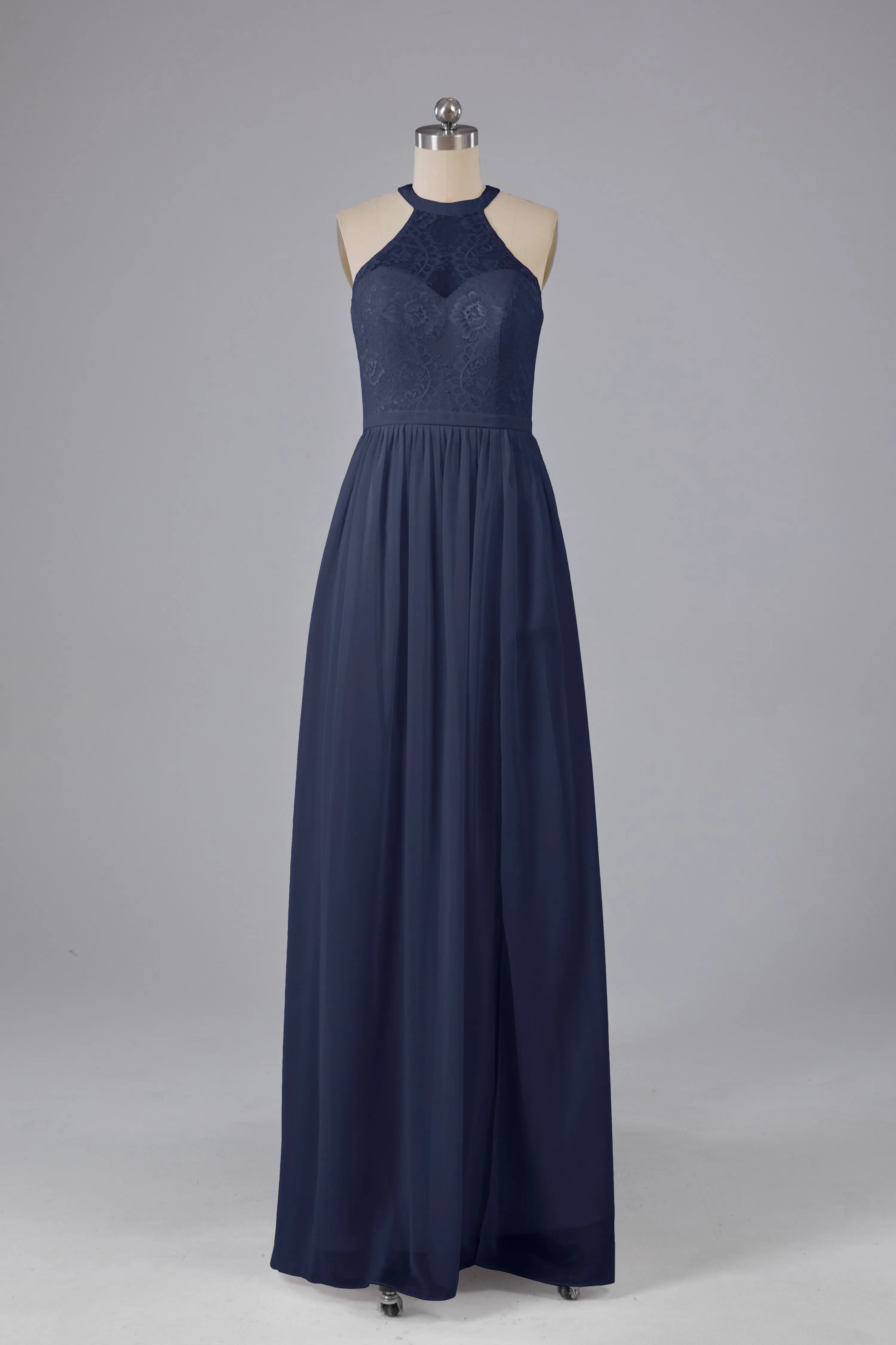 Simple Halter Lace Long Bridesmaid Dresses with Split