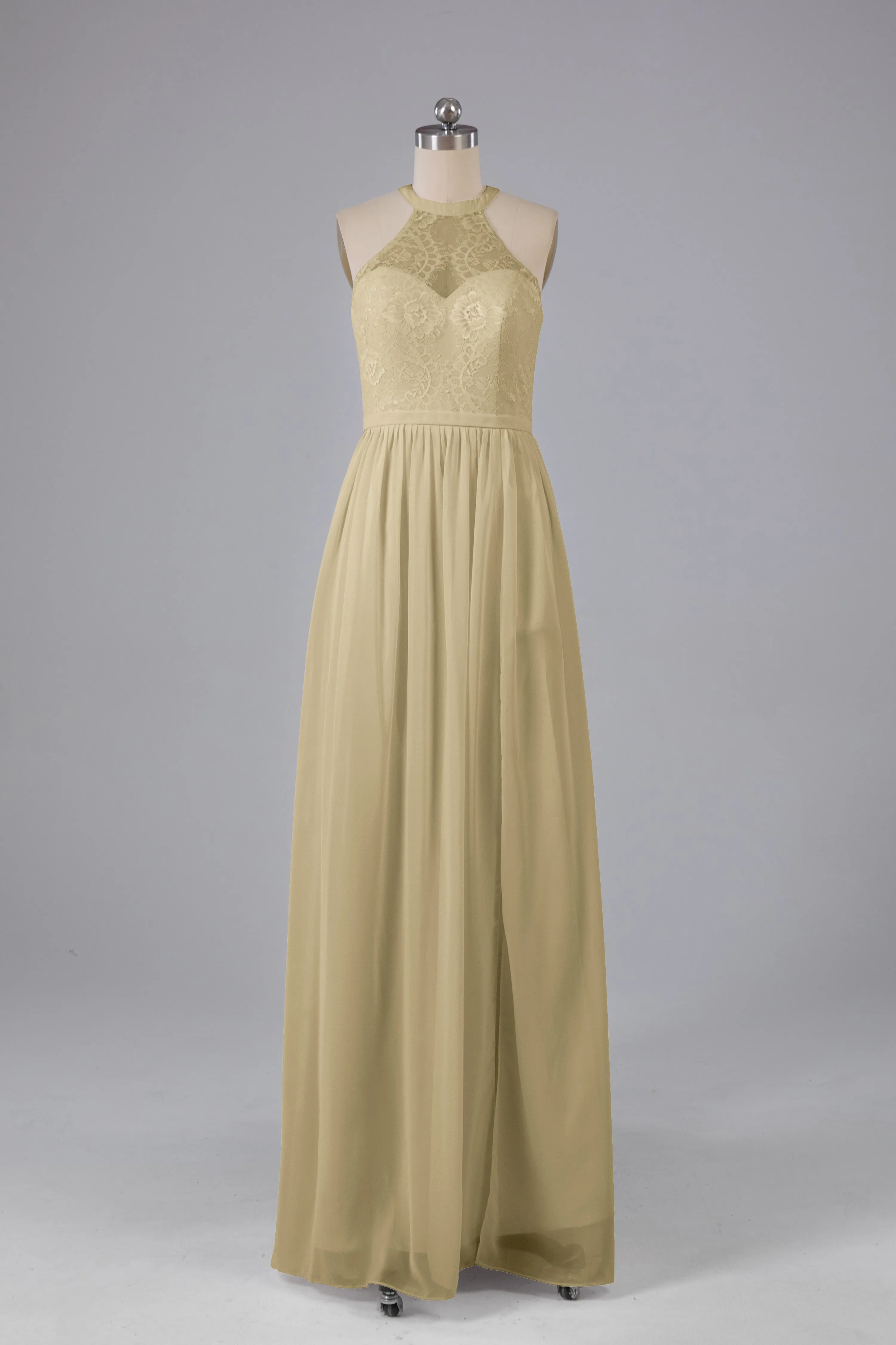 Simple Halter Lace Long Bridesmaid Dresses with Split