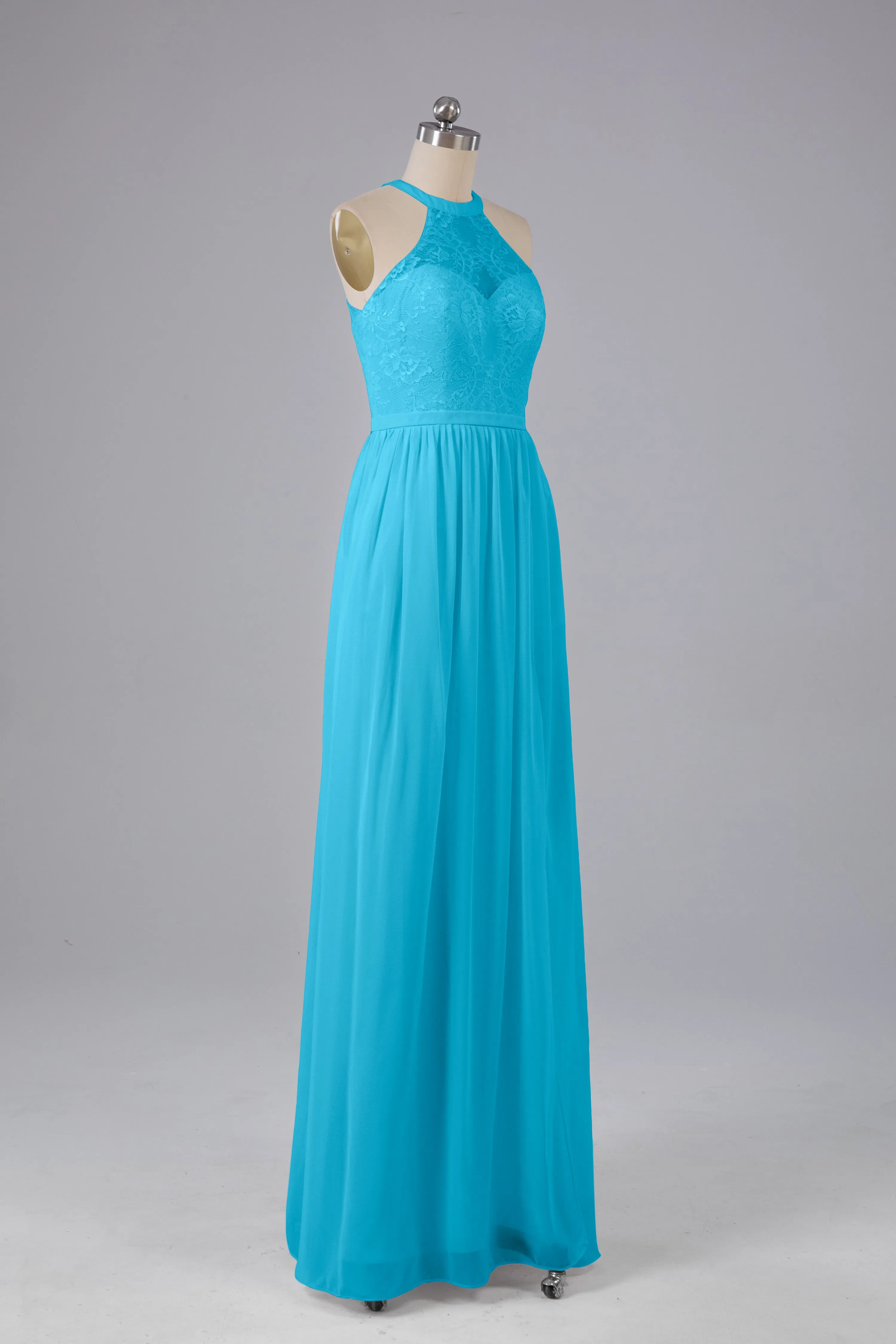 Simple Halter Lace Long Bridesmaid Dresses with Split