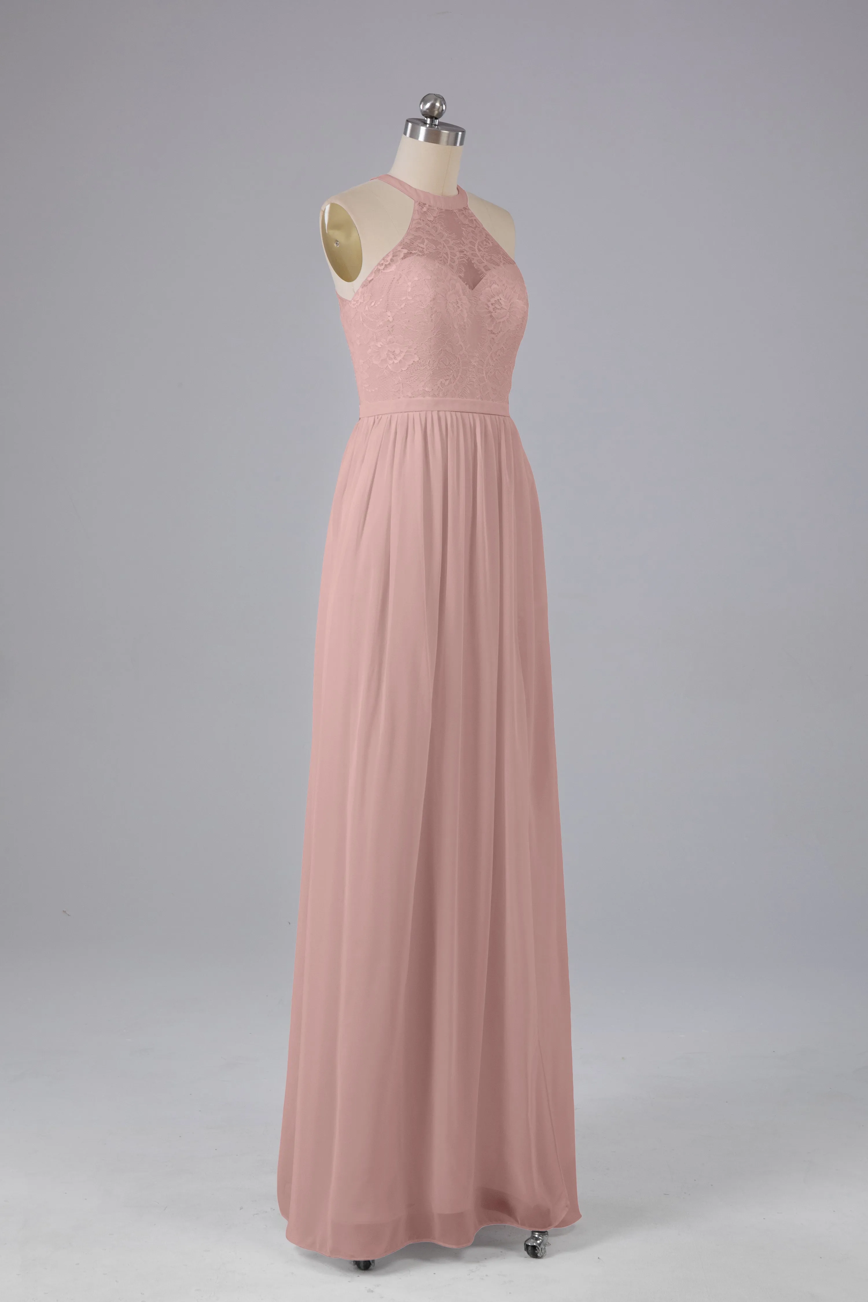 Simple Halter Lace Long Bridesmaid Dresses with Split