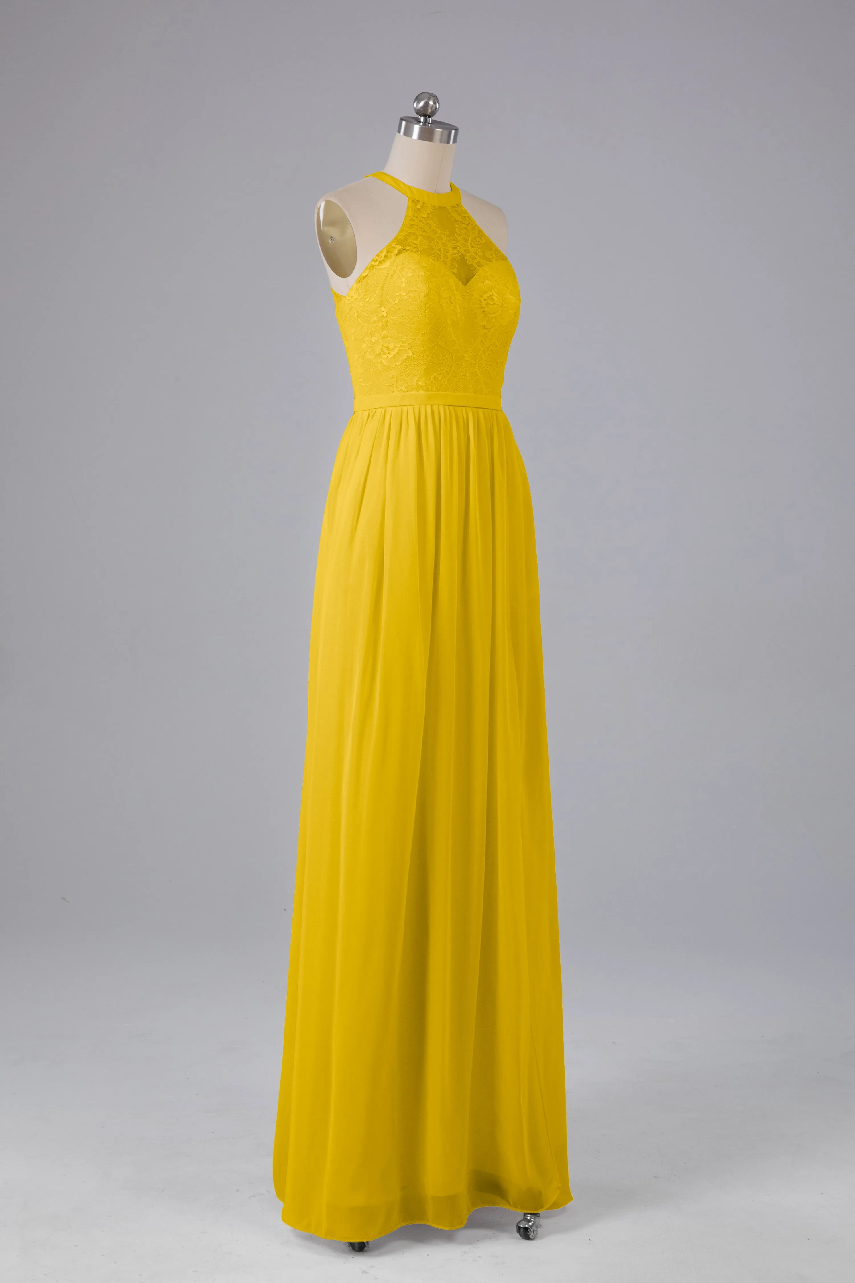 Simple Halter Lace Long Bridesmaid Dresses with Split