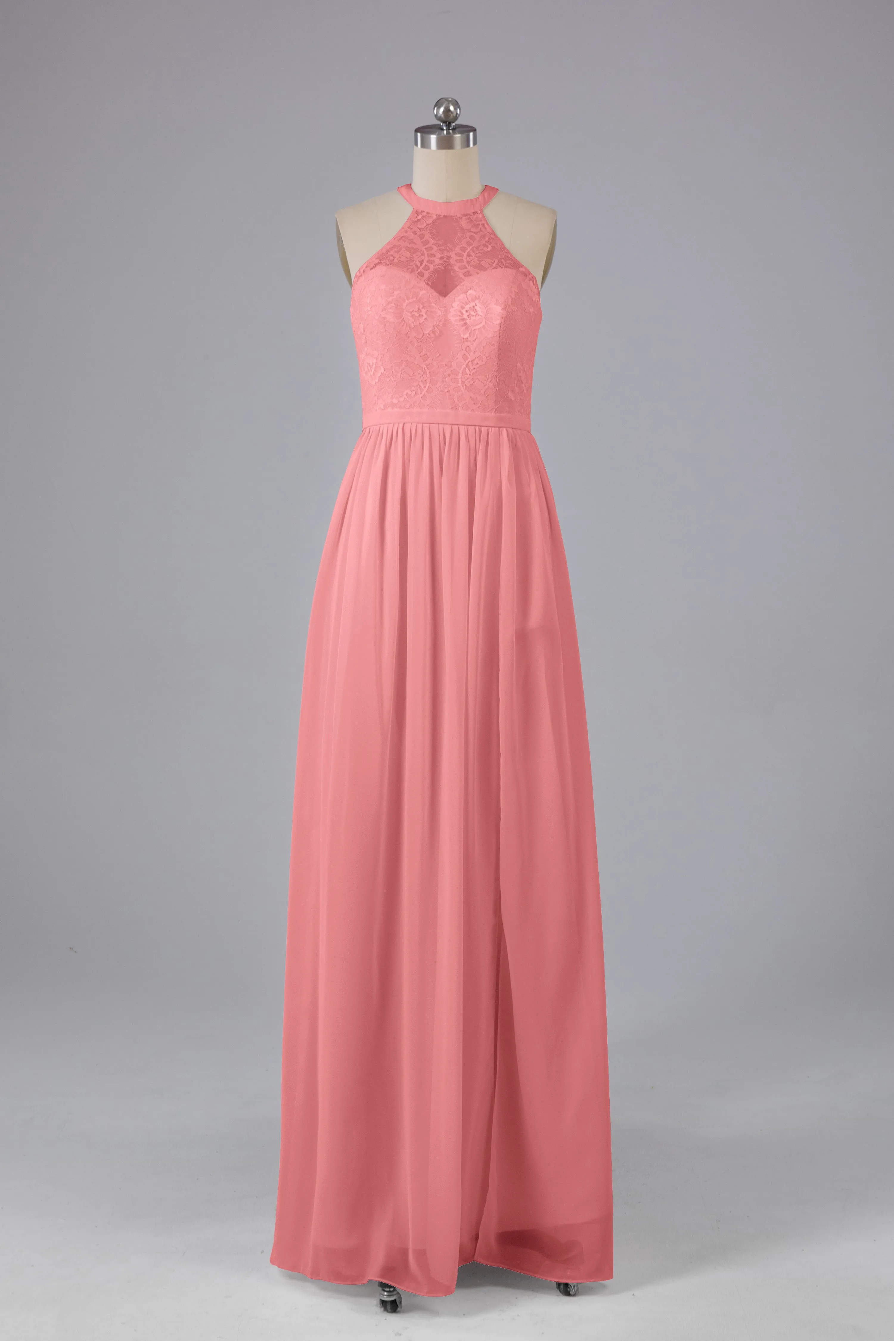 Simple Halter Lace Long Bridesmaid Dresses with Split