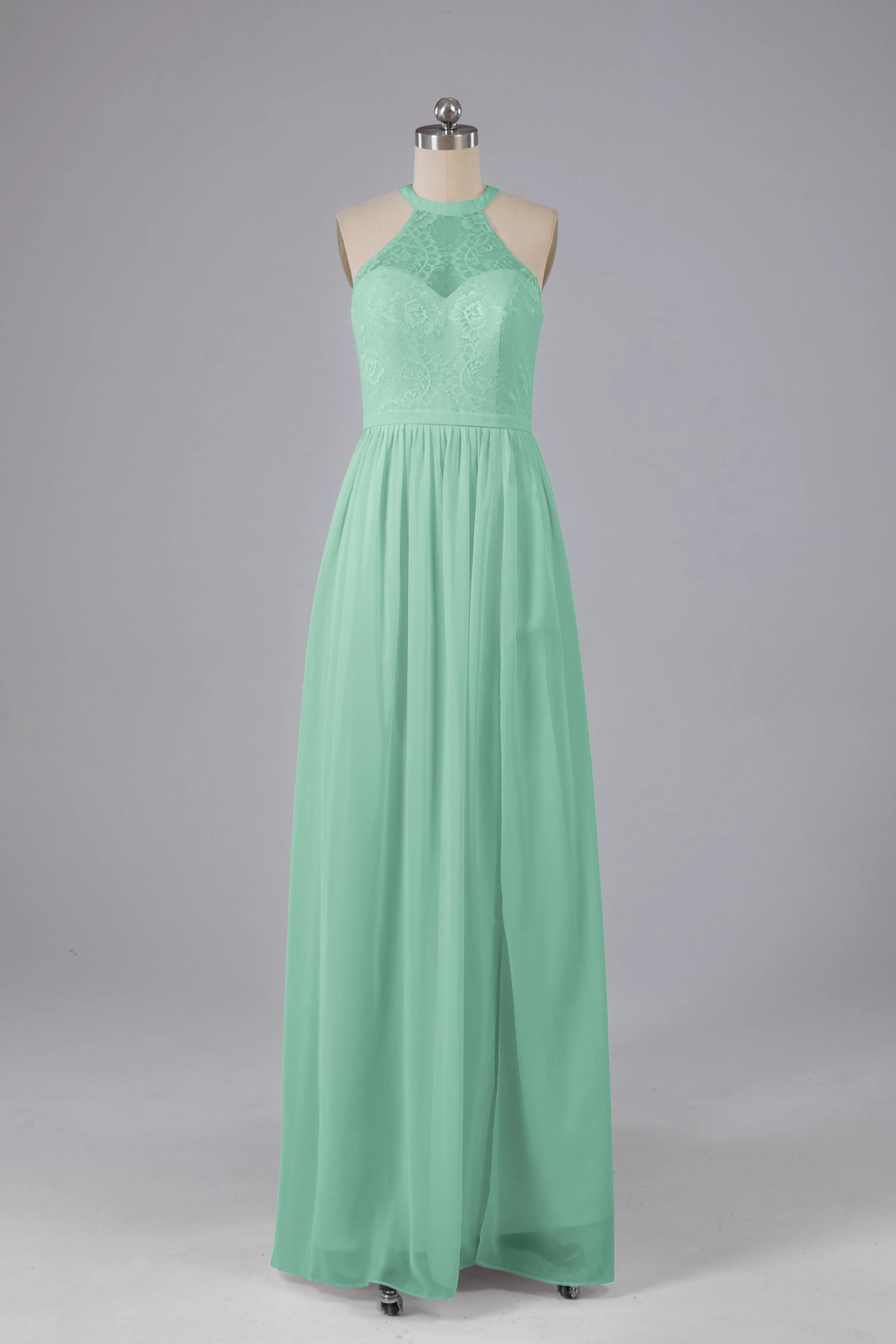 Simple Halter Lace Long Bridesmaid Dresses with Split