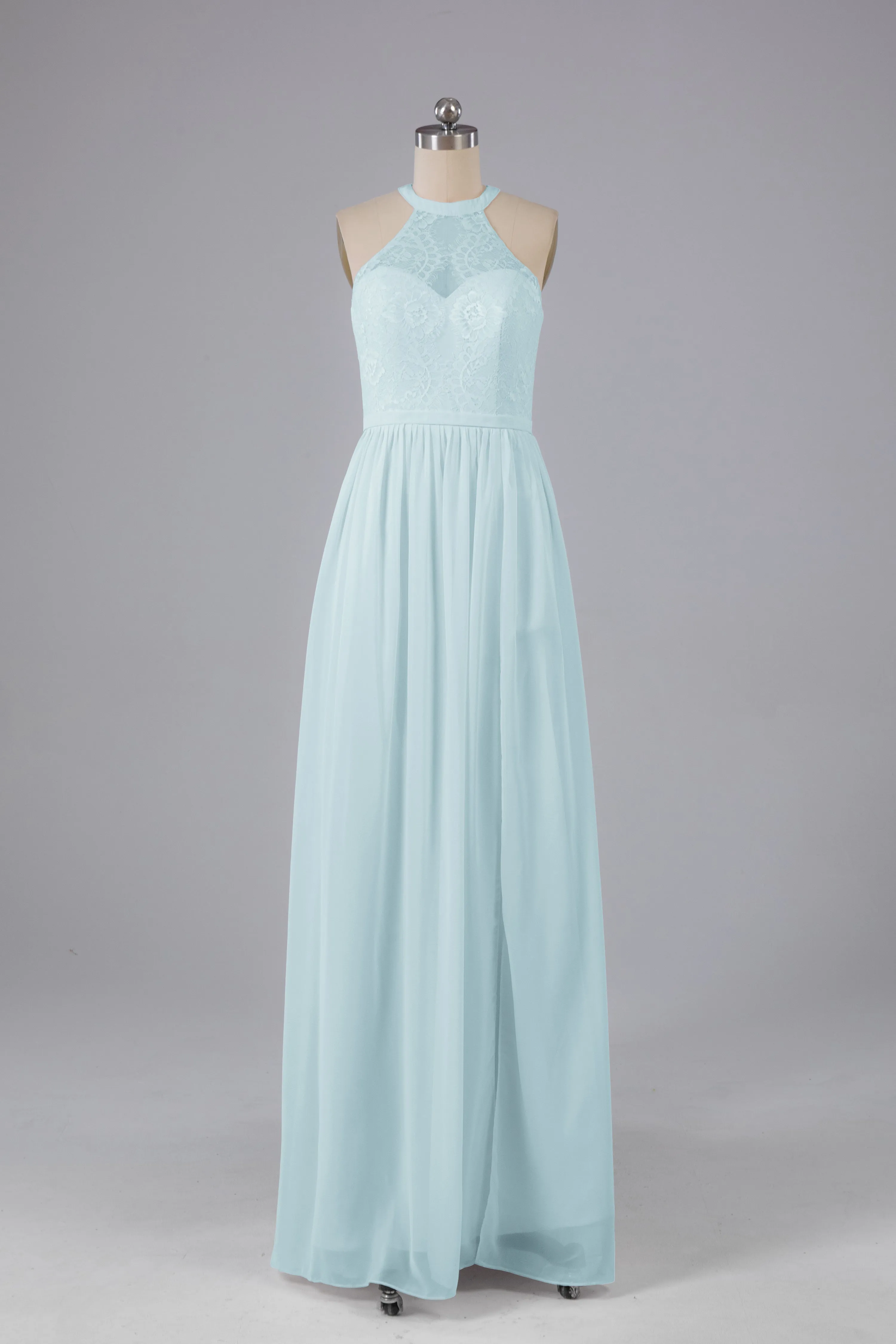 Simple Halter Lace Long Bridesmaid Dresses with Split