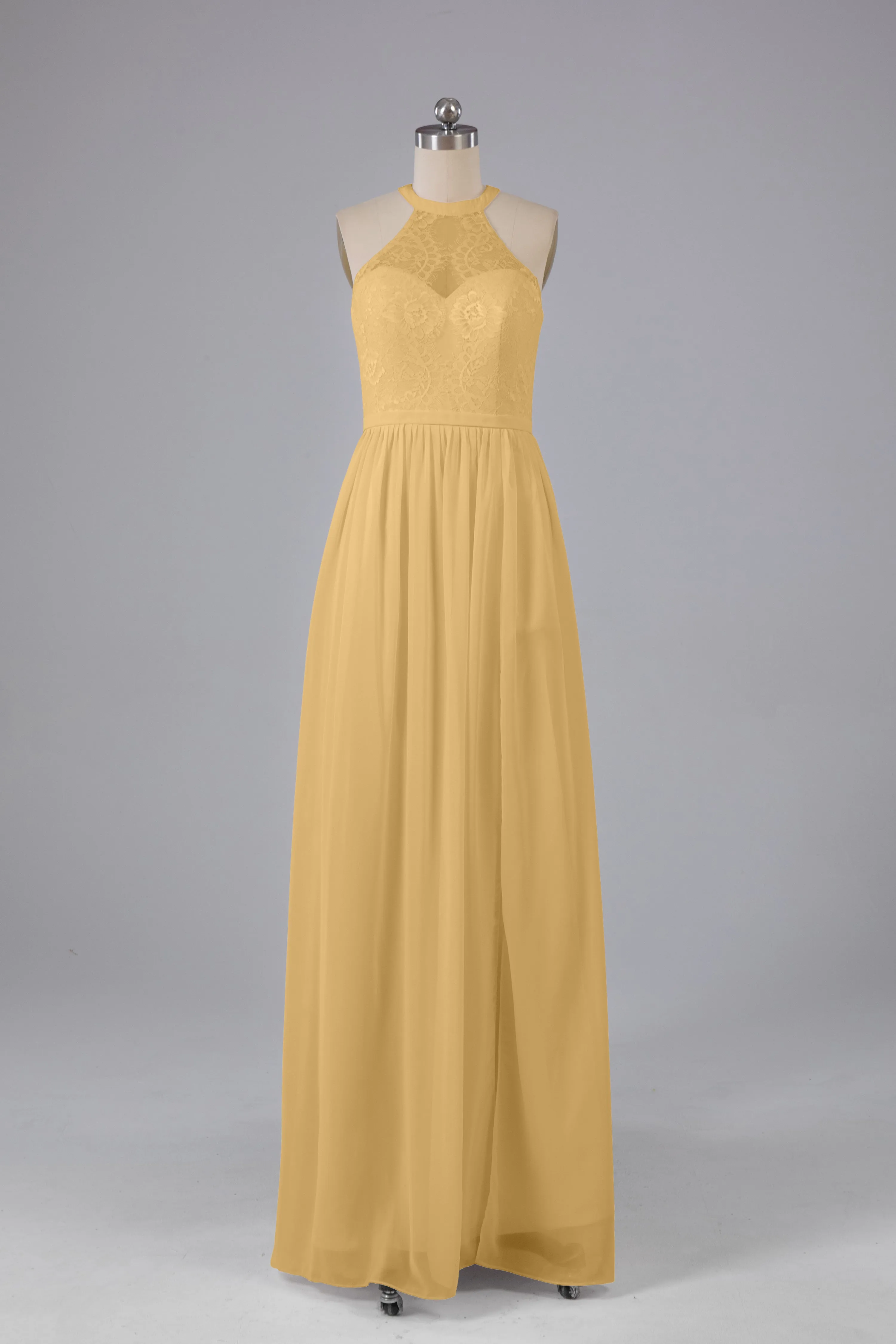 Simple Halter Lace Long Bridesmaid Dresses with Split