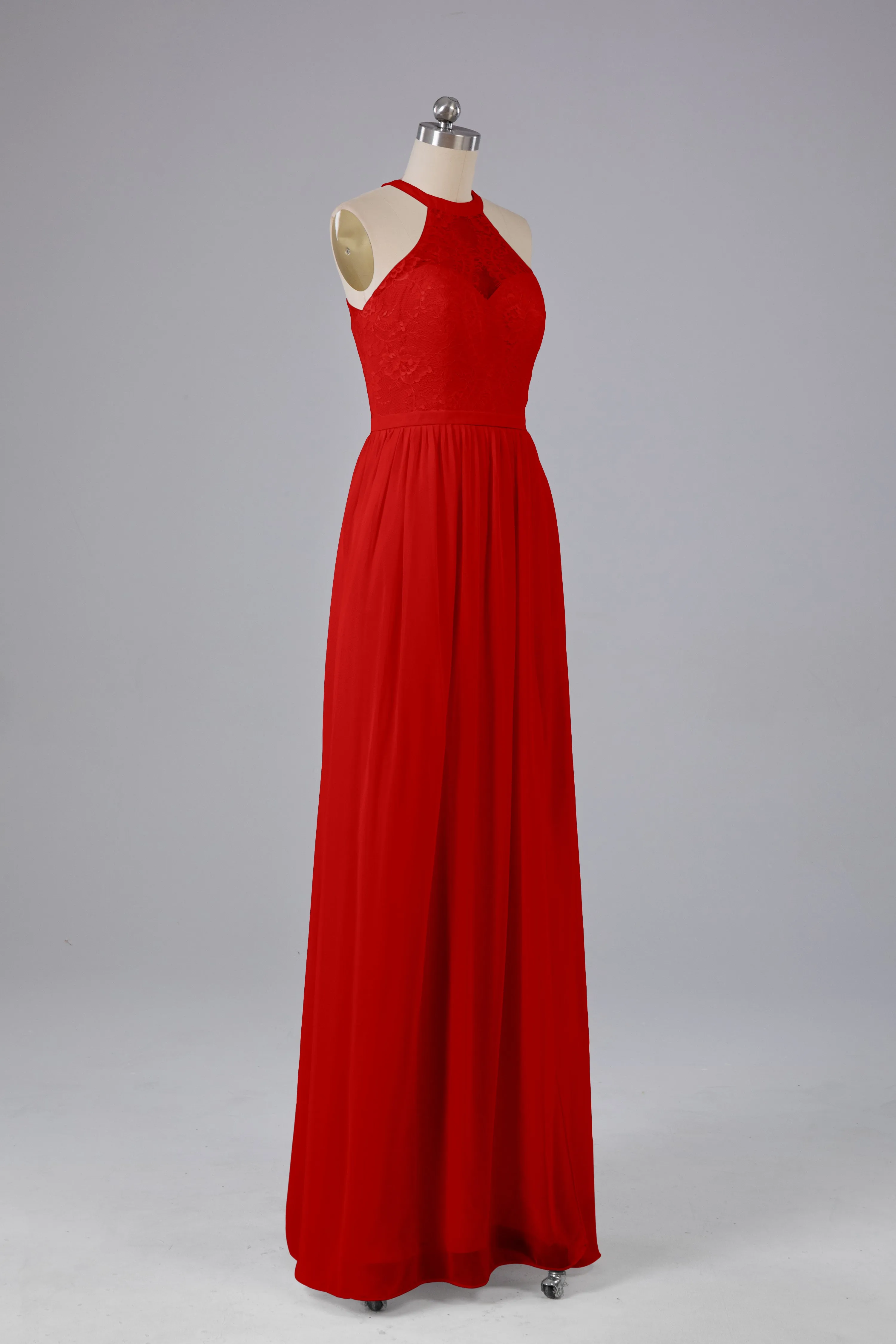 Simple Halter Lace Long Bridesmaid Dresses with Split
