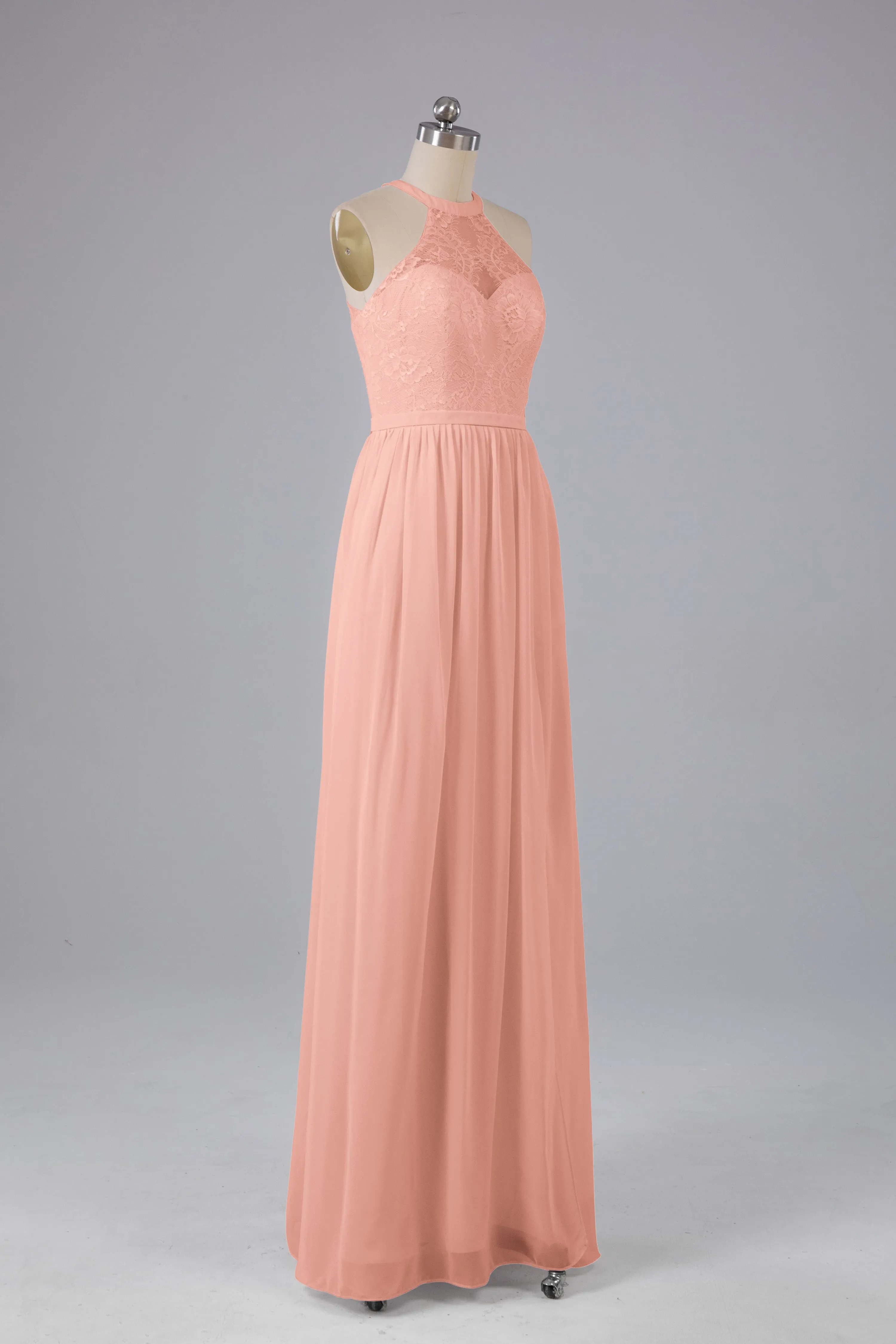 Simple Halter Lace Long Bridesmaid Dresses with Split