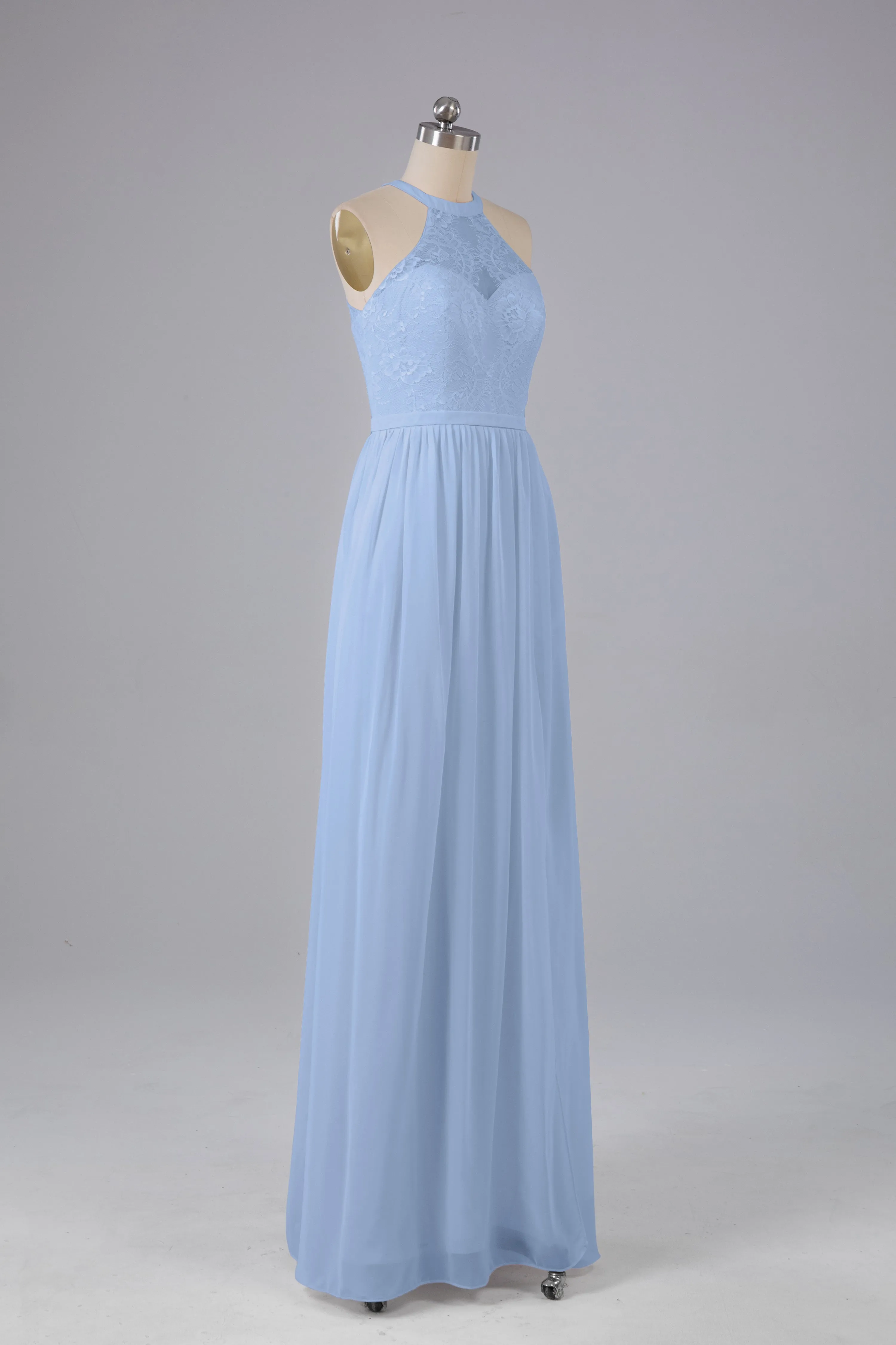 Simple Halter Lace Long Bridesmaid Dresses with Split
