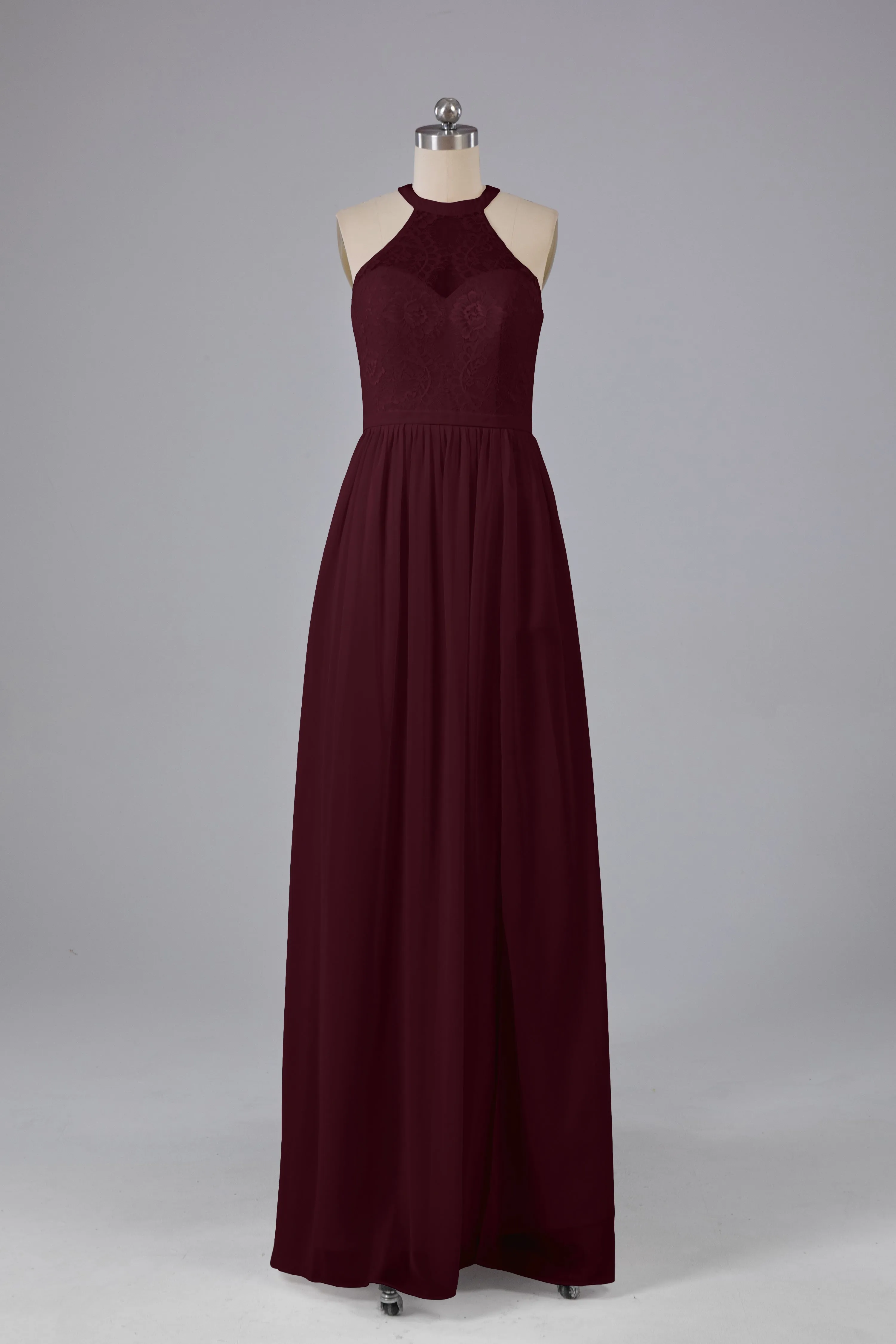 Simple Halter Lace Long Bridesmaid Dresses with Split