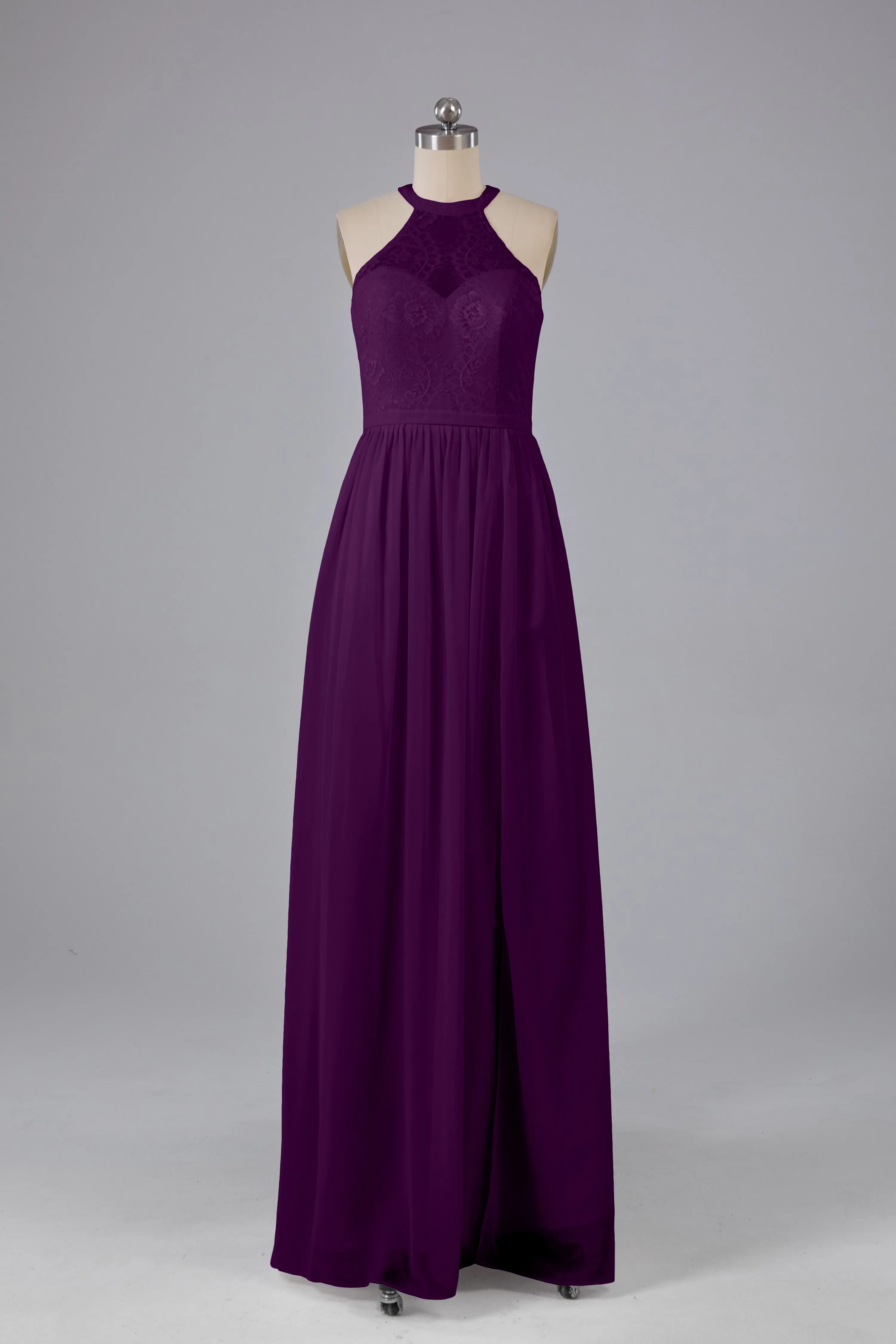 Simple Halter Lace Long Bridesmaid Dresses with Split