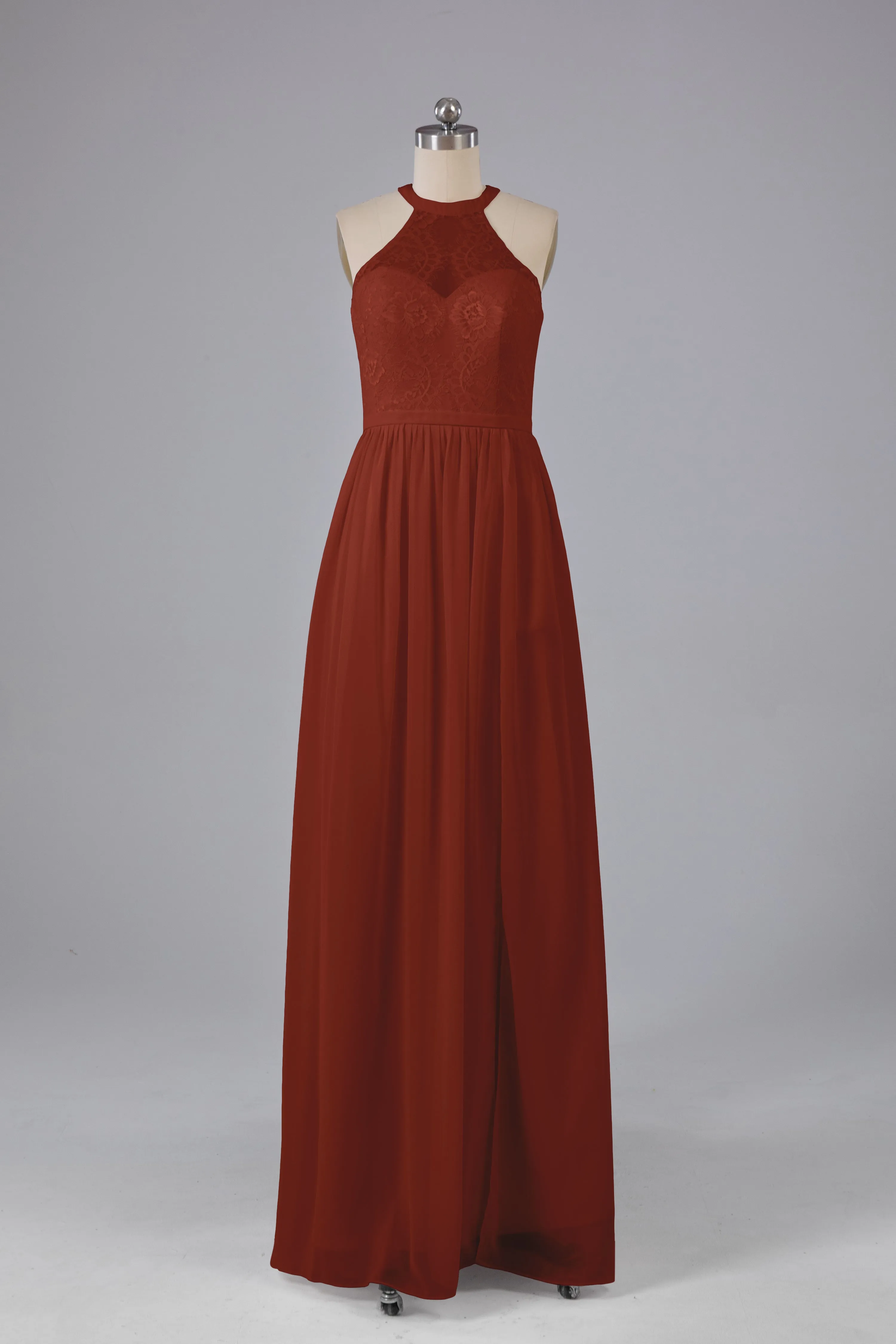 Simple Halter Lace Long Bridesmaid Dresses with Split