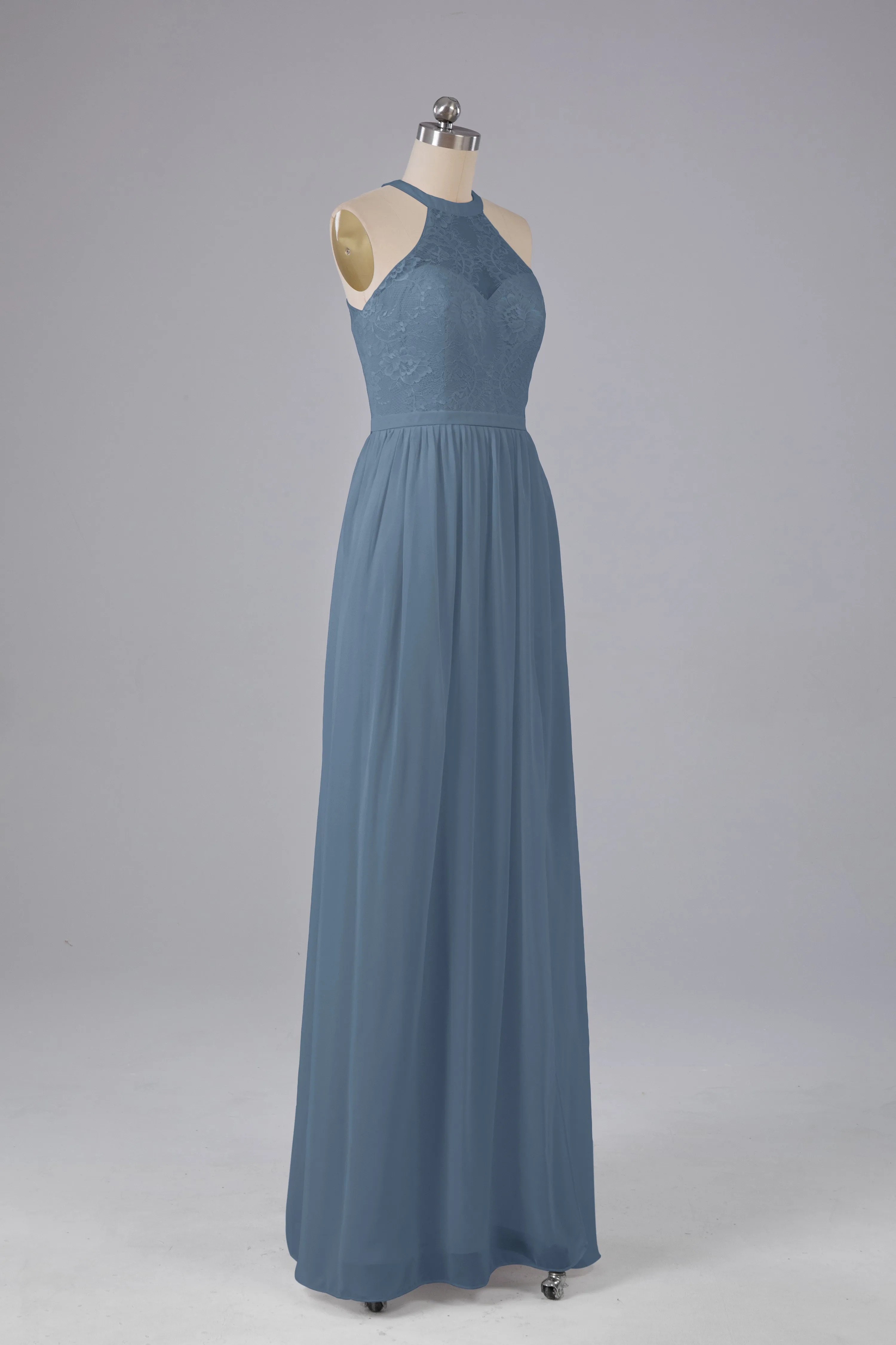 Simple Halter Lace Long Bridesmaid Dresses with Split