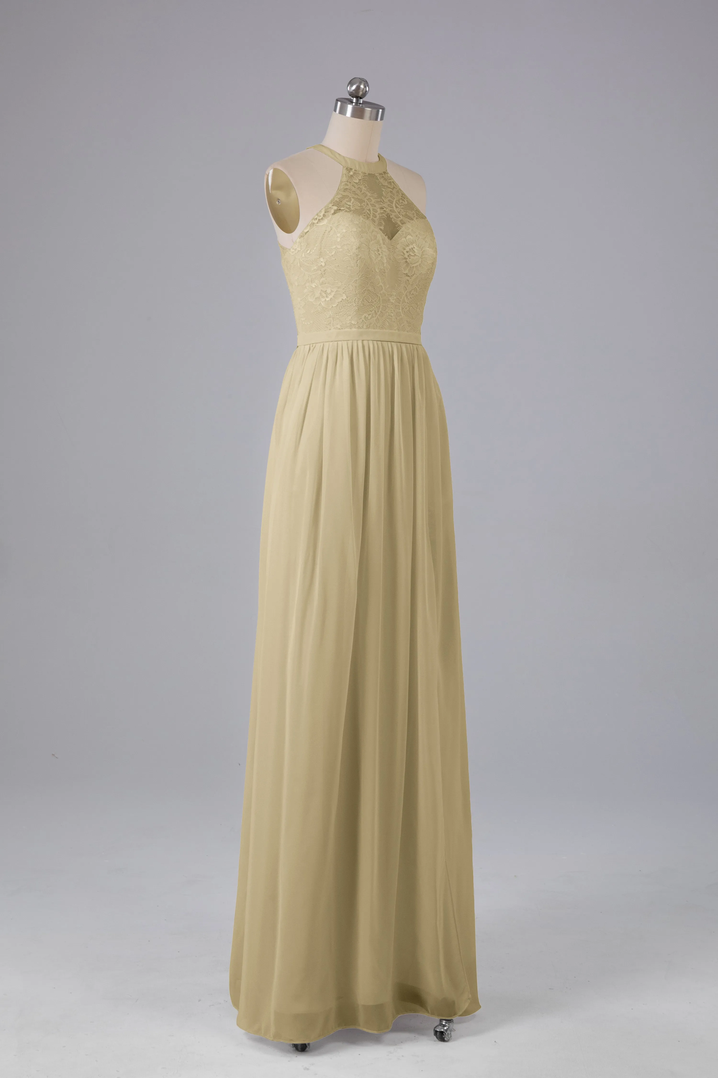 Simple Halter Lace Long Bridesmaid Dresses with Split