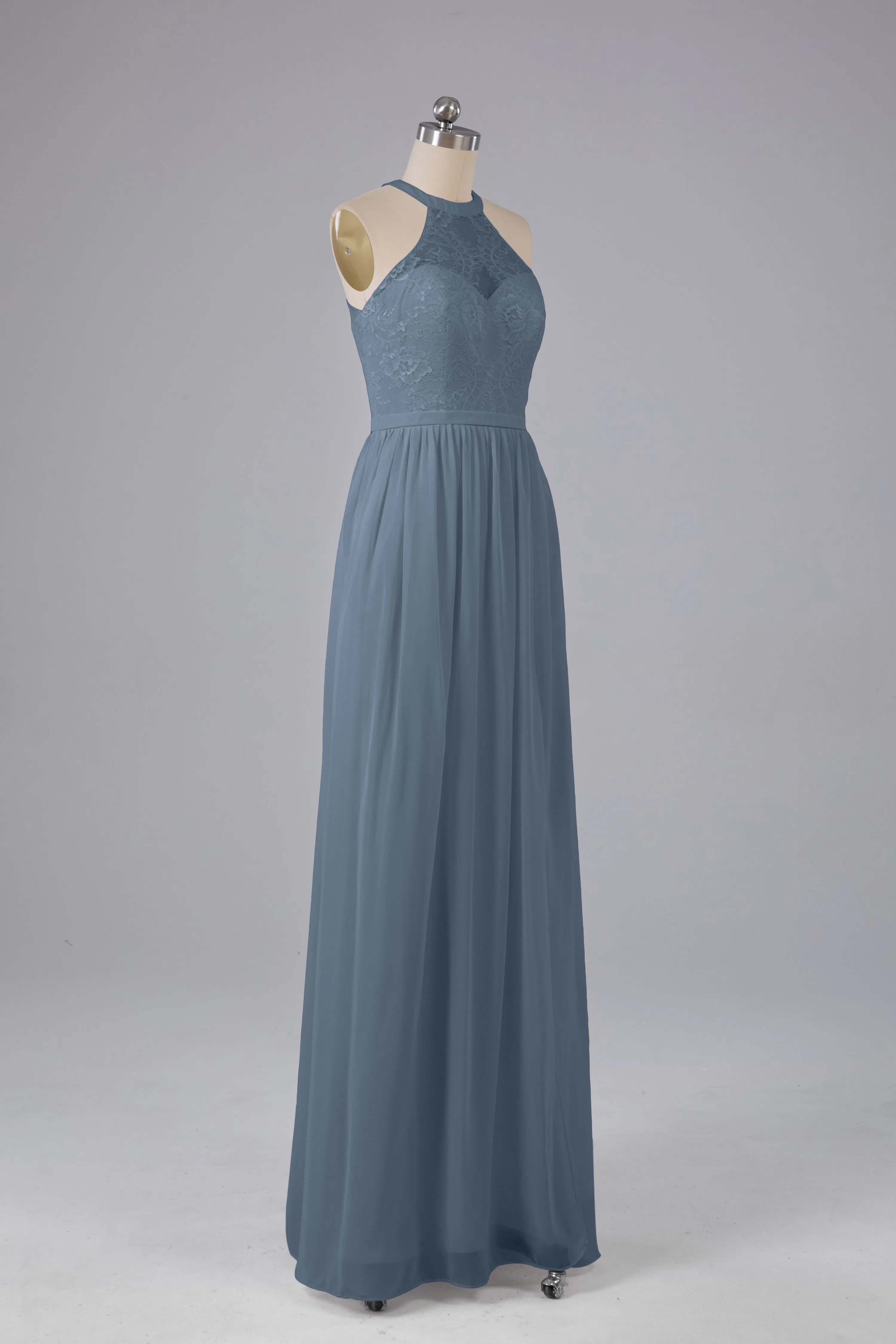 Simple Halter Lace Long Bridesmaid Dresses with Split